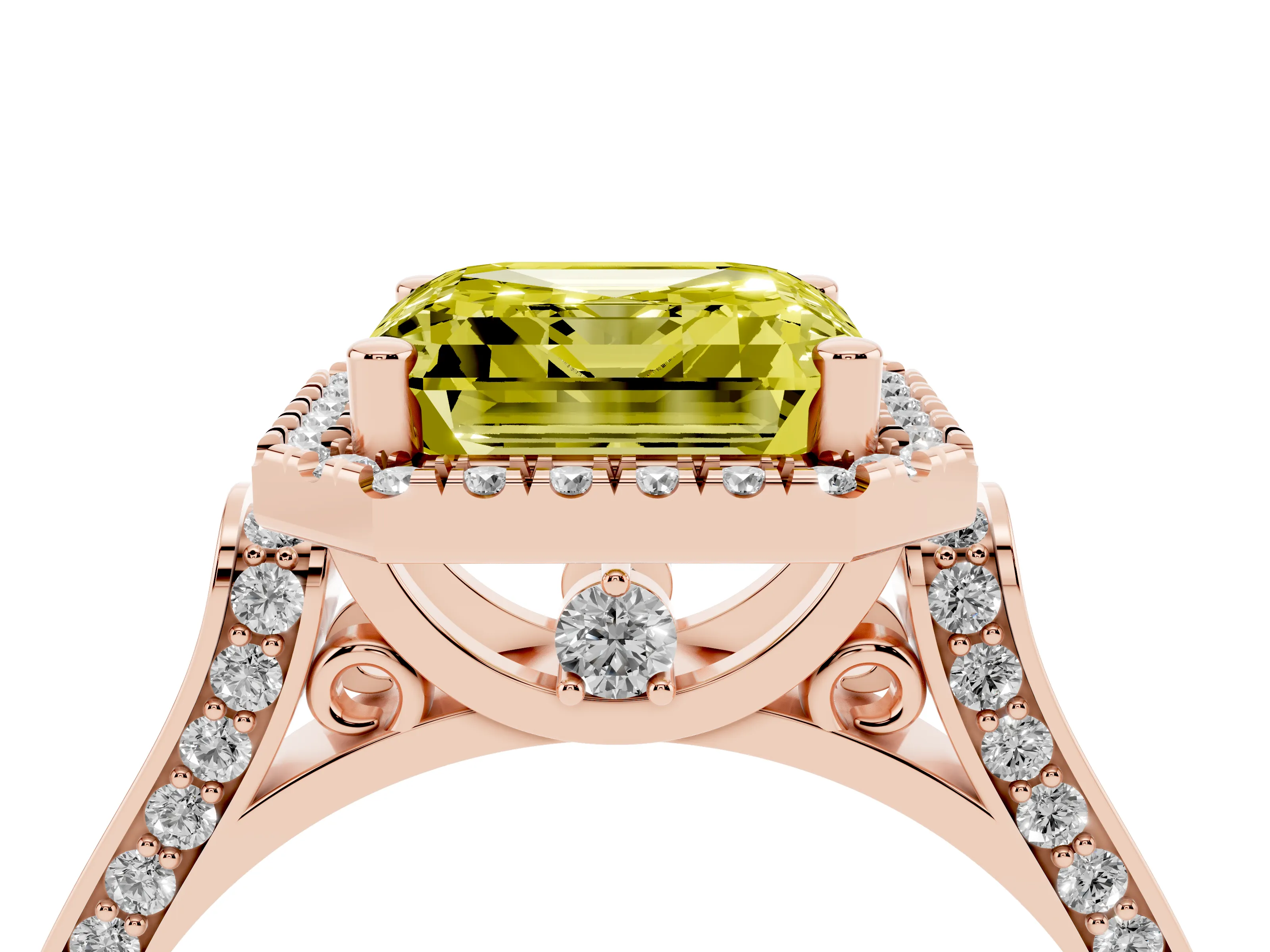 Fancy Yellow Asscher Cut Diamond Halo Ring Set in Rose gold with Pavé-Lined Split Shank Band