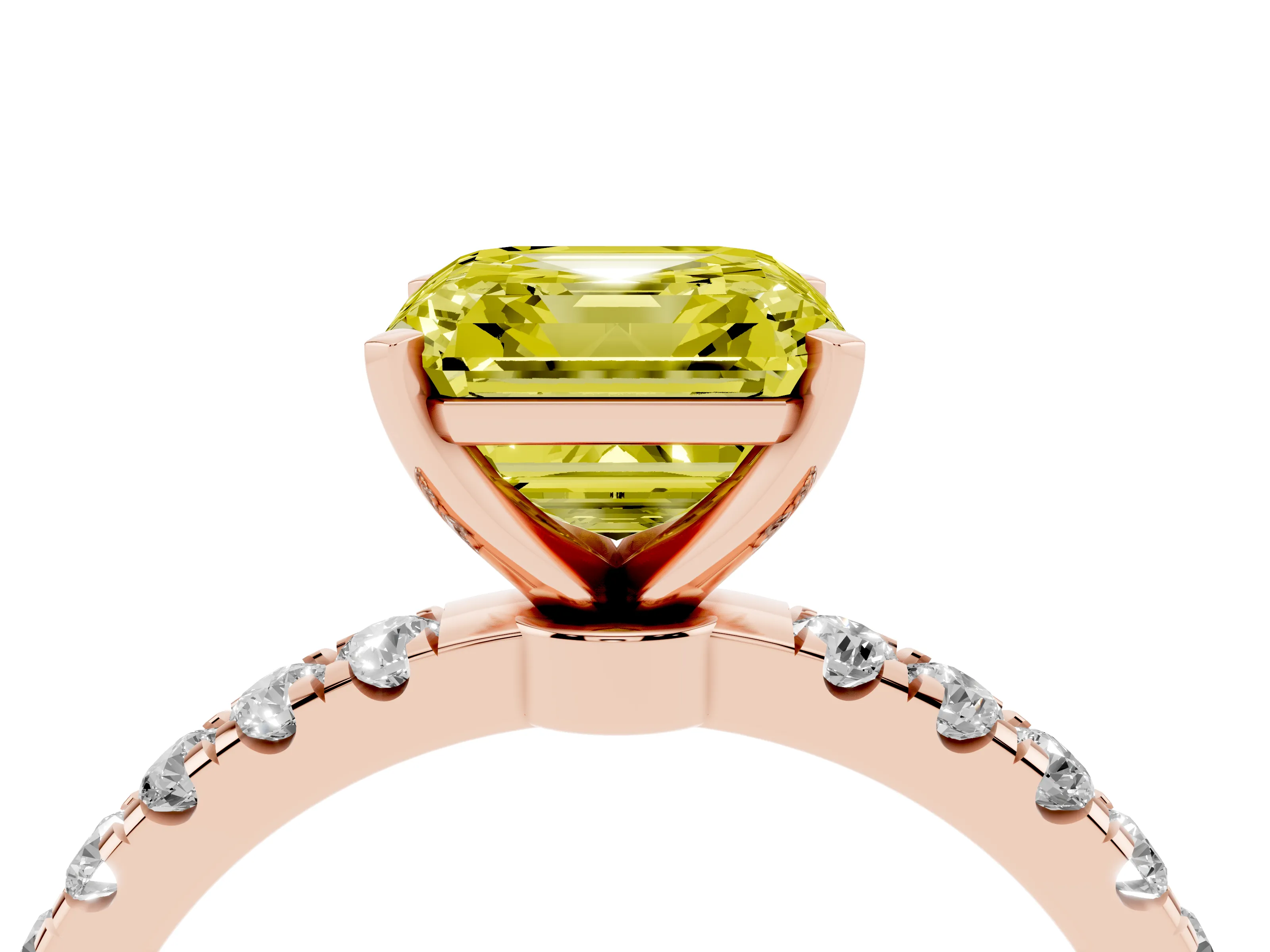 Fancy Yellow Asscher Cut Diamond Solitaire Ring Set in Rose gold with Pavé Accents and Prong Setting