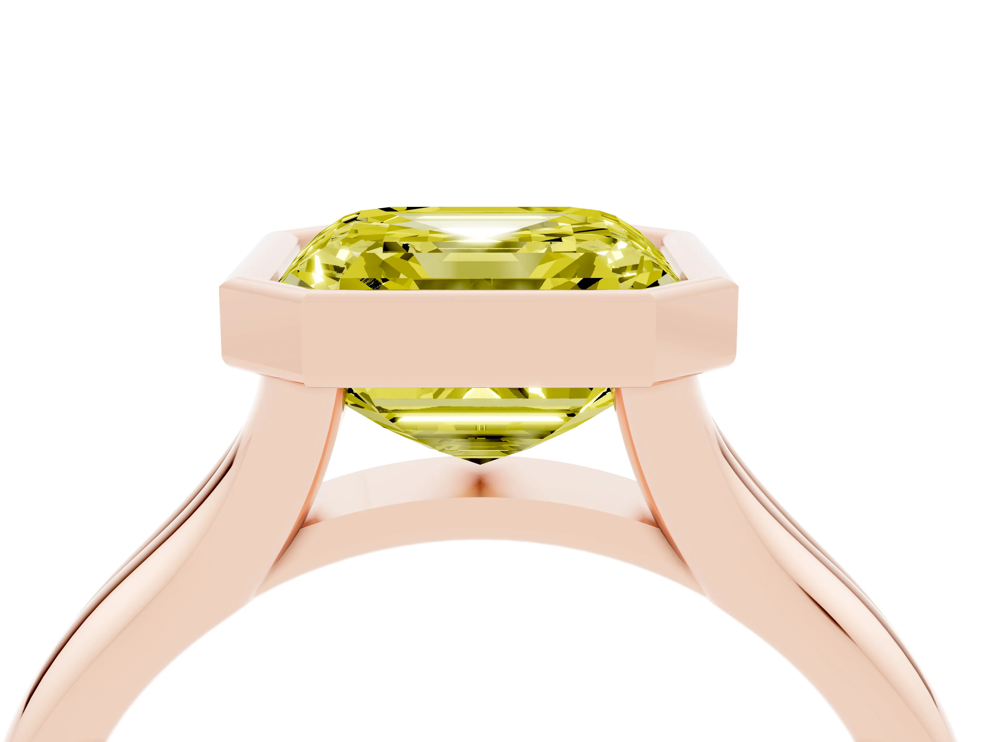Fancy Yellow Bezel Set Asscher Cut Diamond Solitaire Ring Set in Rose gold with Smooth Band