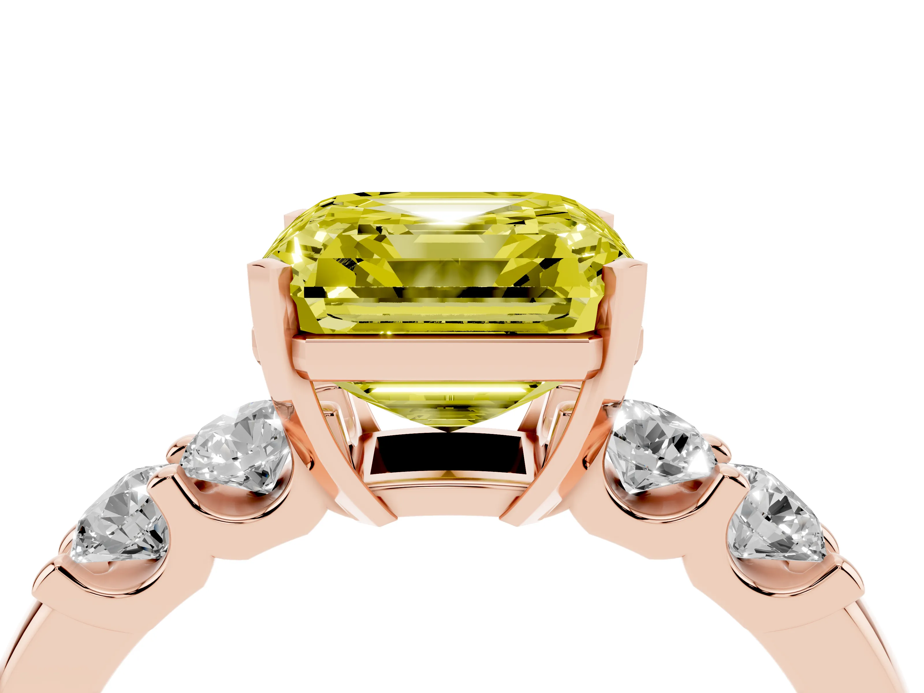 Fancy Yellow Asscher Cut Diamond Five-Stone Prong Set Engagement Ring Set in Rose gold with Channel Band