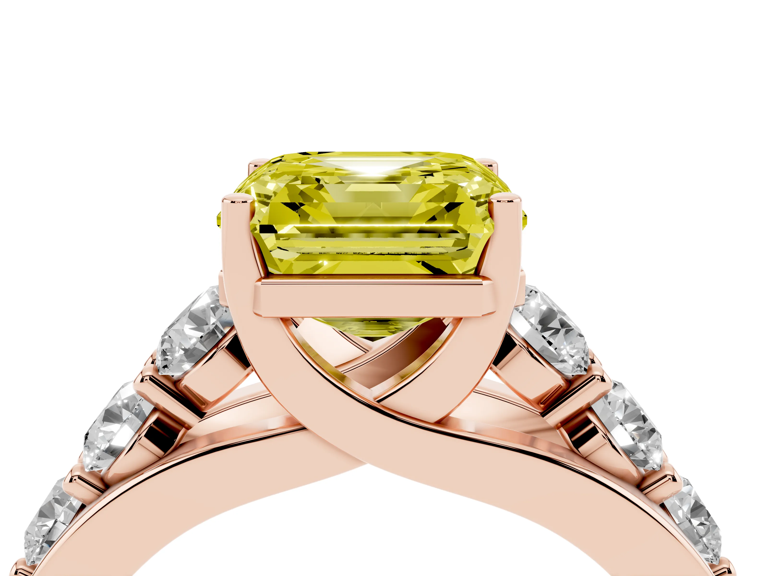 Fancy Yellow Asscher Cut Diamond Pavé Engagement Ring Set in Rose gold with Prong Setting