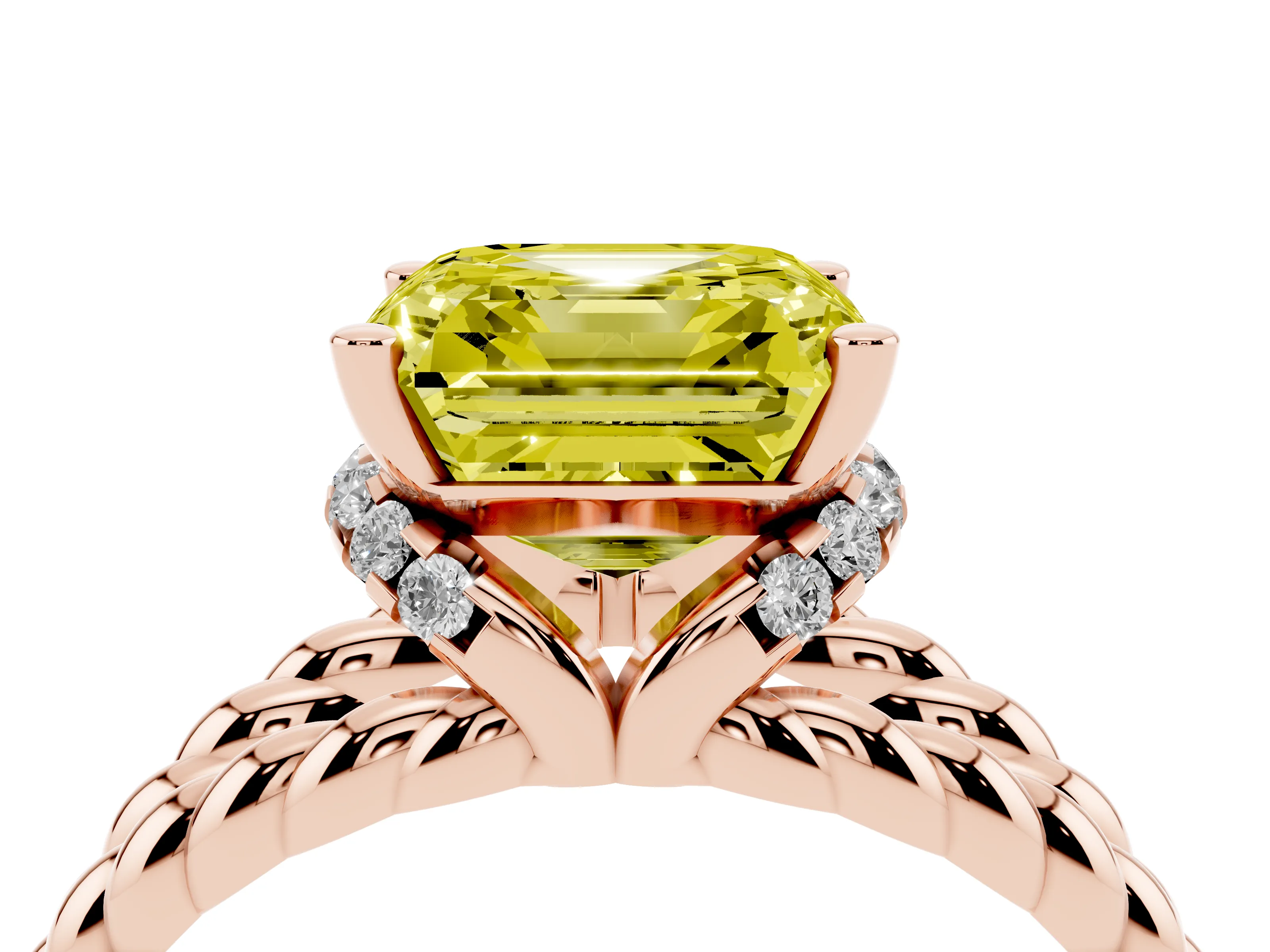 Fancy Yellow Asscher Cut Diamond Halo Ring Set in Rose gold with Twisted Band and Prong Setting
