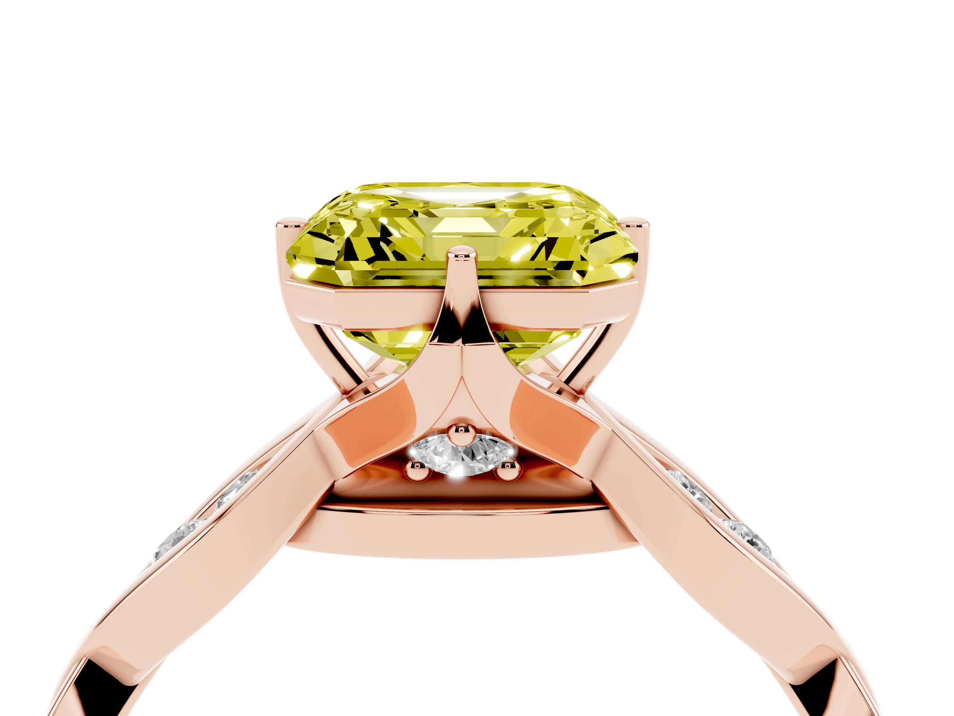 Fancy Yellow Asscher Cut Diamond Twist Band Solitaire Ring Set in Rose gold with Leaf Prong Setting and Accent Stones