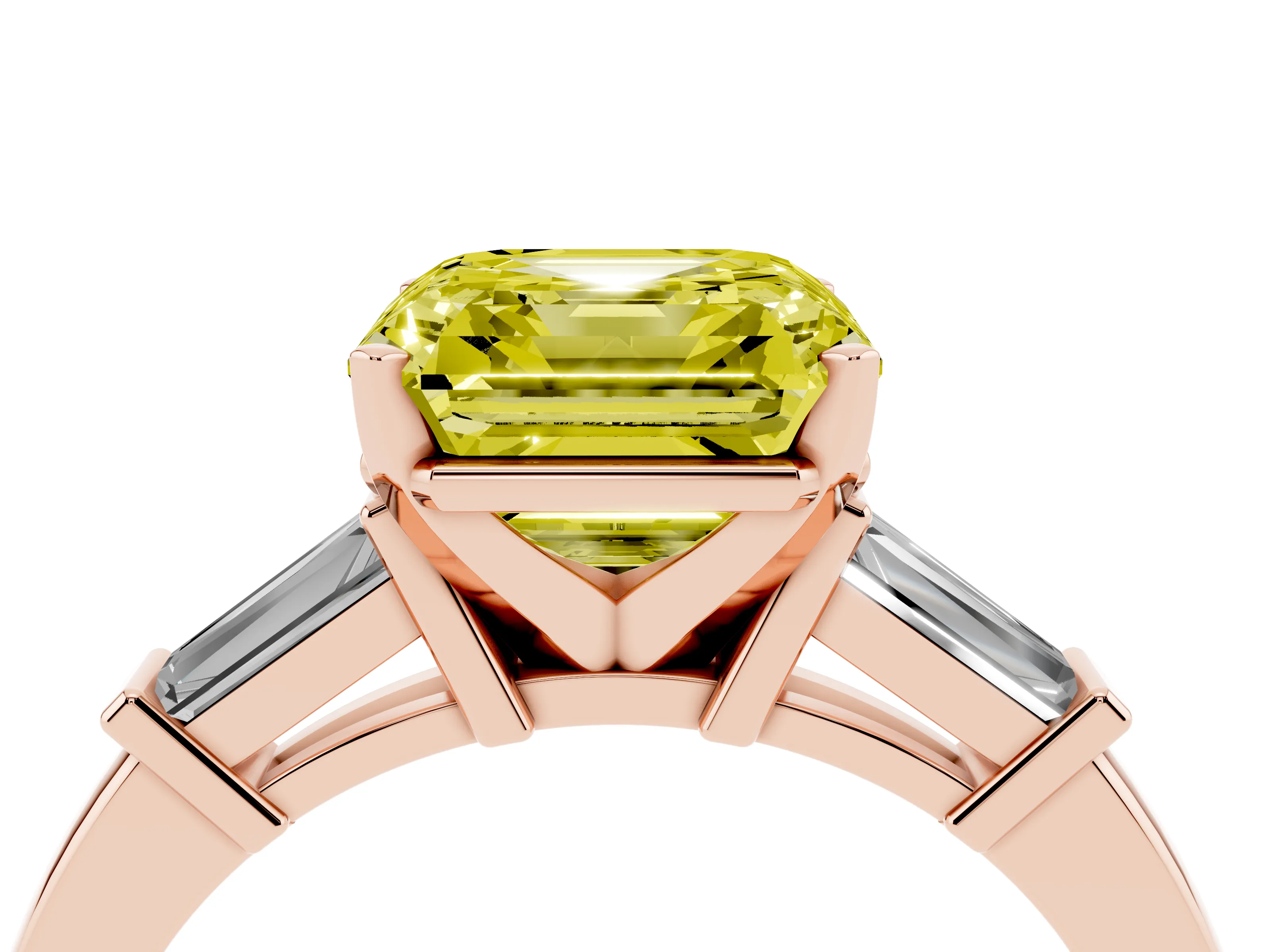 Fancy Yellow Asscher Cut Diamond Solitaire Ring Set in Rose gold with Tapered Baguette Accents and Prong Setting