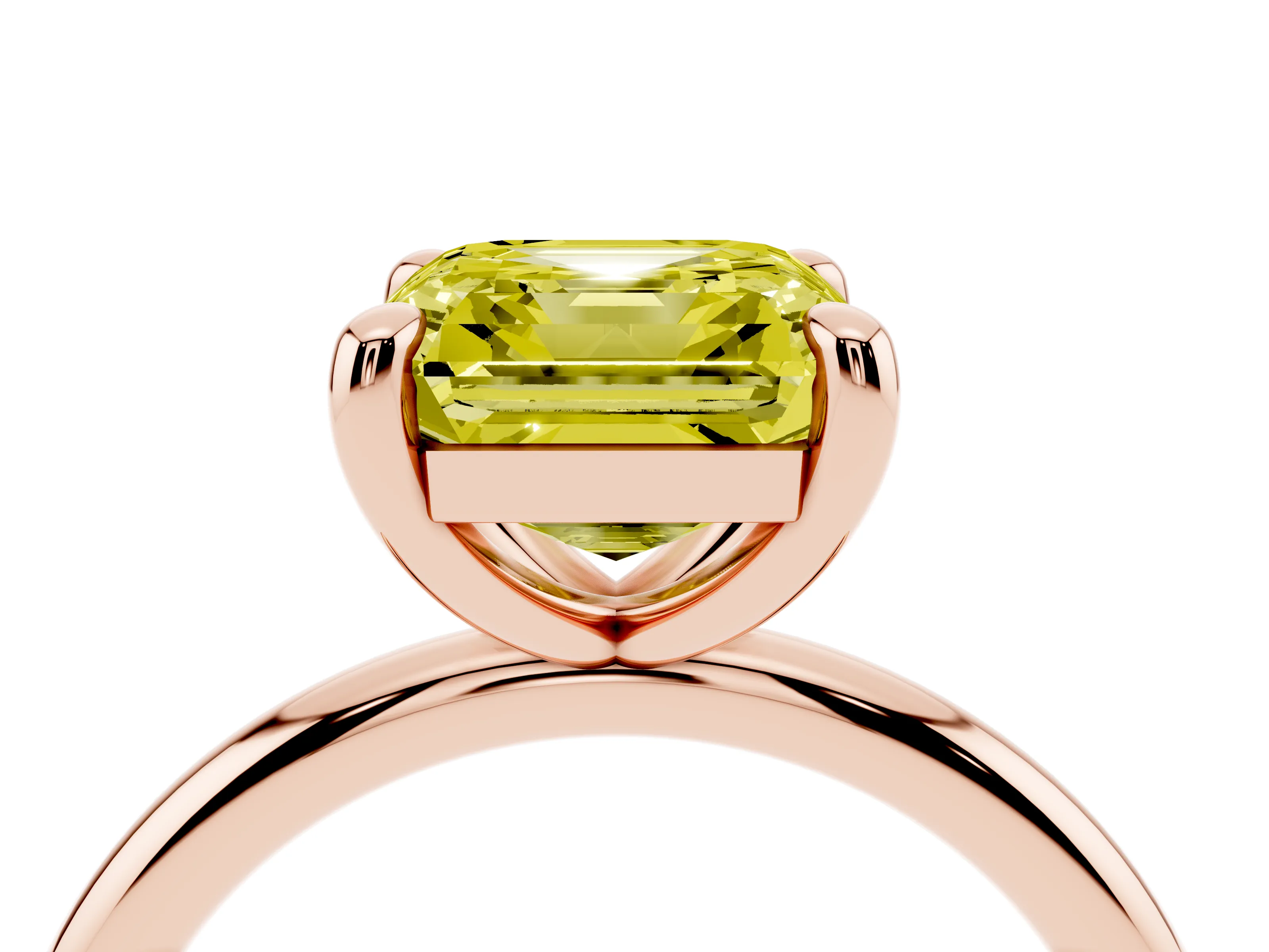 Fancy Yellow Asscher Cut Diamond Solitaire Ring Set in Rose gold with Prong Setting on a Polished Plain Band