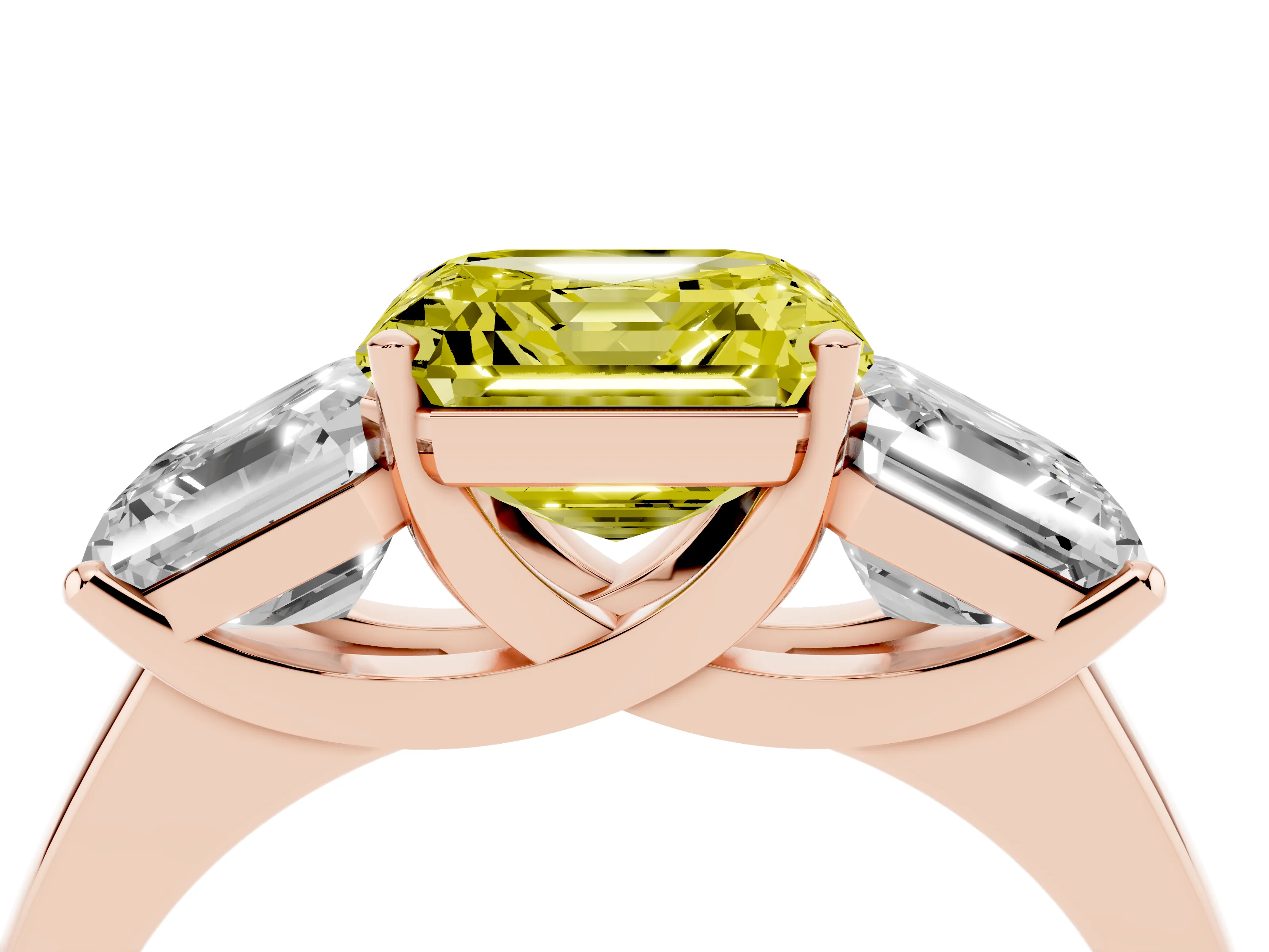 Fancy Yellow Asscher Cut Diamond Three-Stone Ring Set in Rose gold with Classic Prong Setting and Plain Band