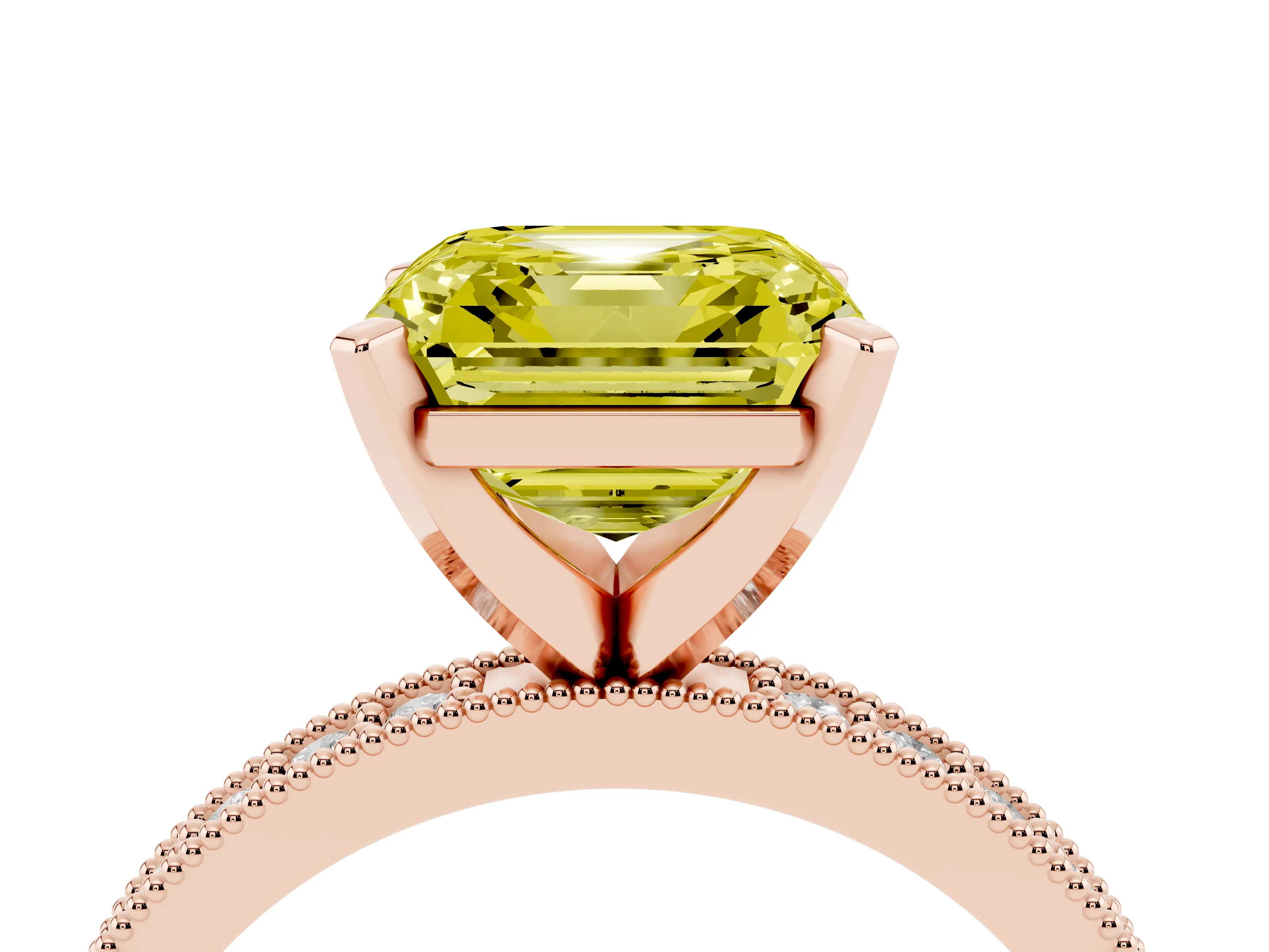 Fancy Yellow Asscher Cut Diamond Milgrain Pavé Engagement Ring Set in Rose gold with Prong Setting