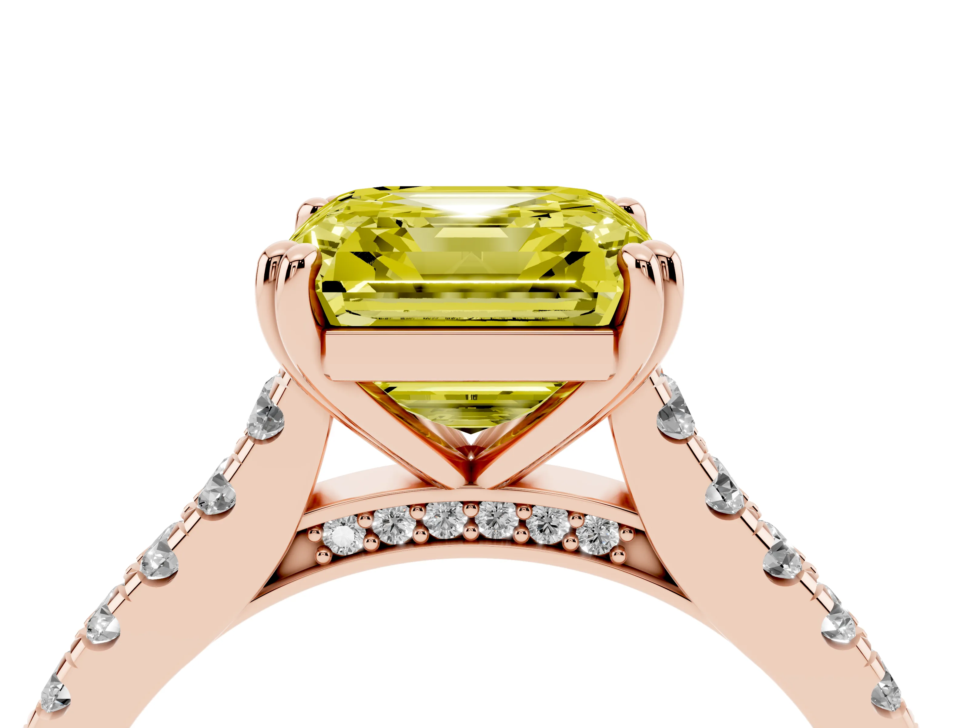 Fancy Yellow Asscher Cut Diamond Solitaire Engagement Ring Set in Rose gold with Pavé Accents and Prong Setting
