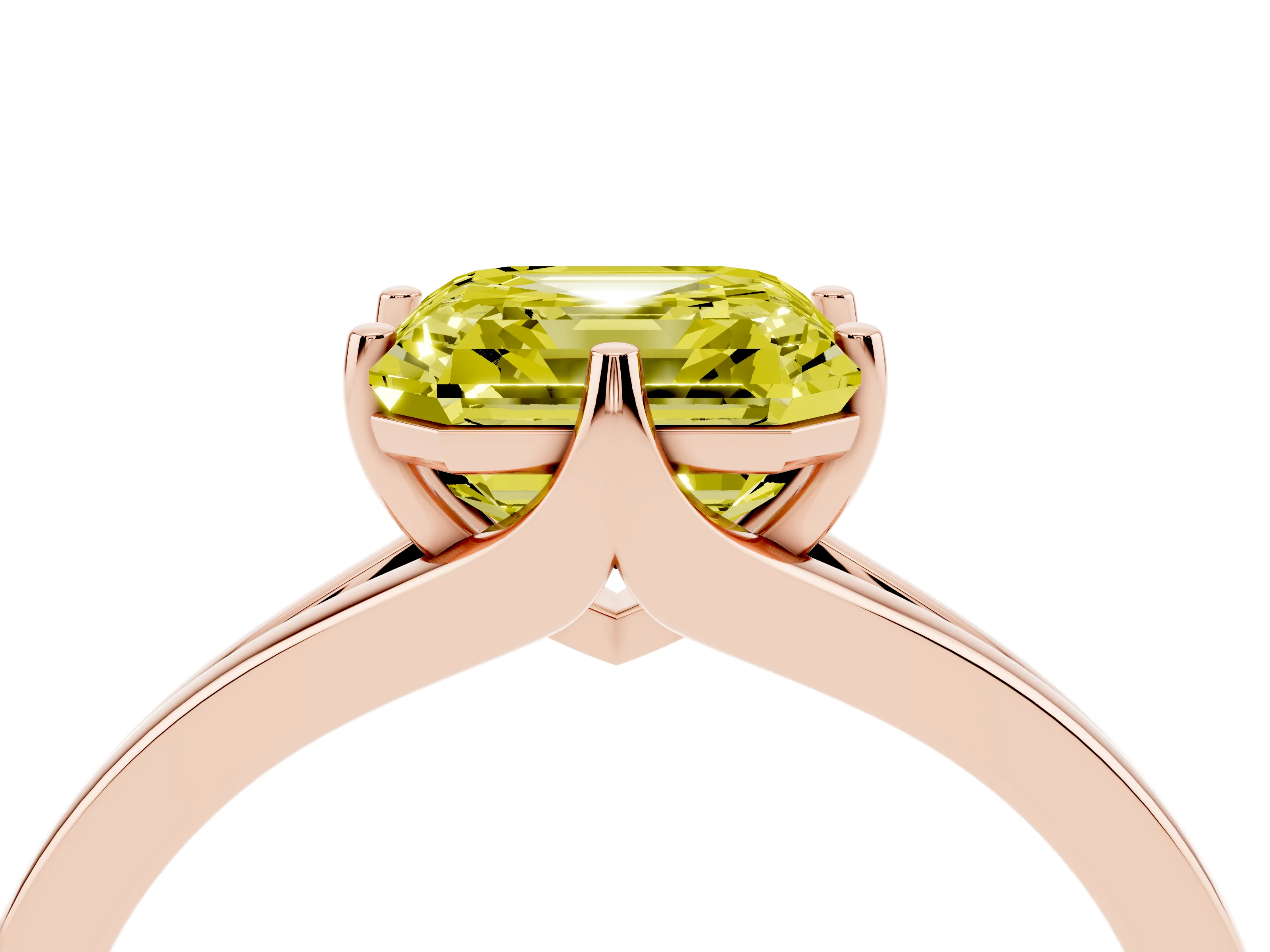 Fancy Yellow Asscher Cut Diamond Solitaire Ring Set in Rose gold with Polished Tapered Band and Prong Setting