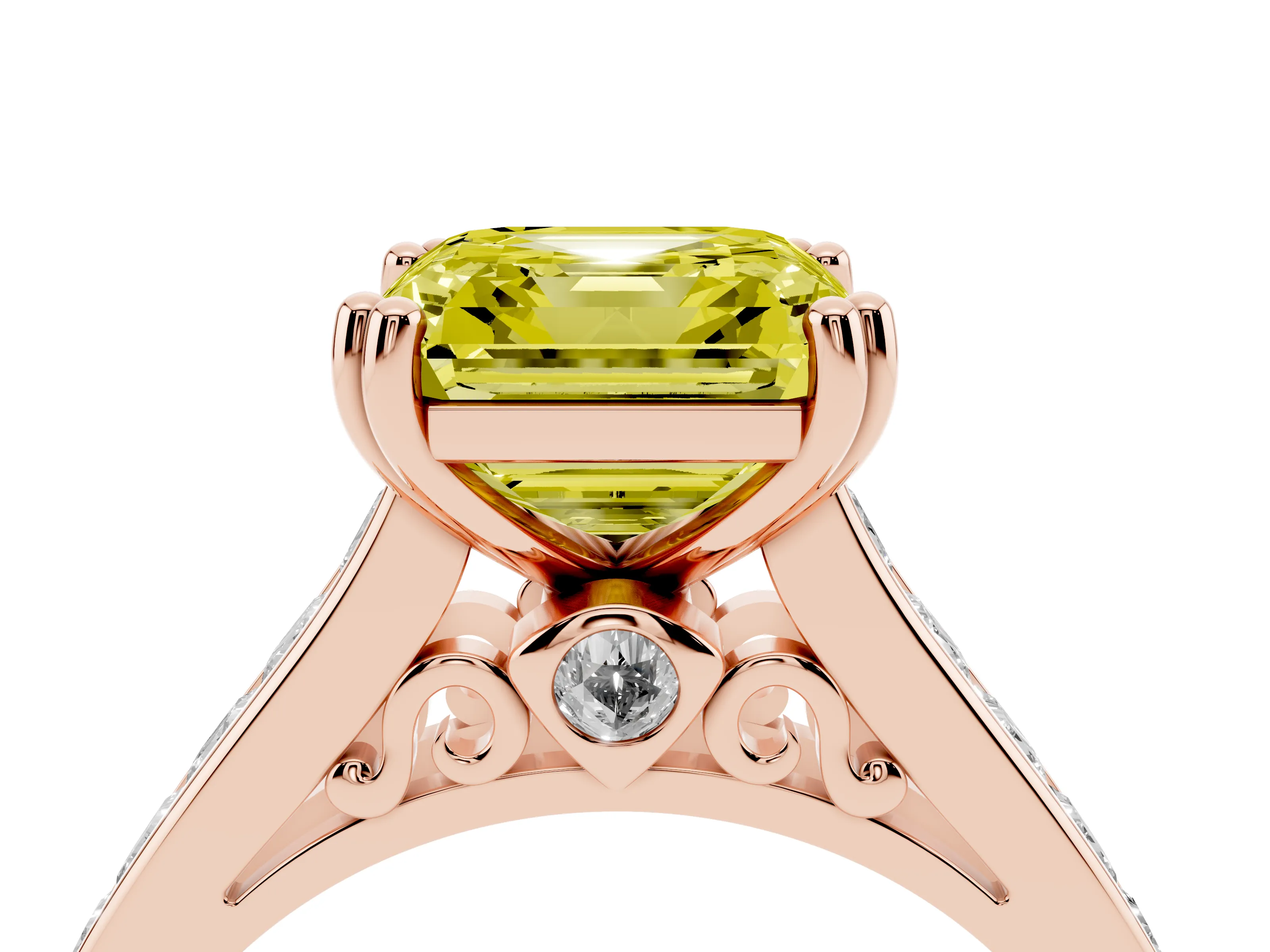 Fancy Yellow Asscher Cut Diamond Channel Set Solitaire Engagement Ring Set in Rose gold with Prong Setting