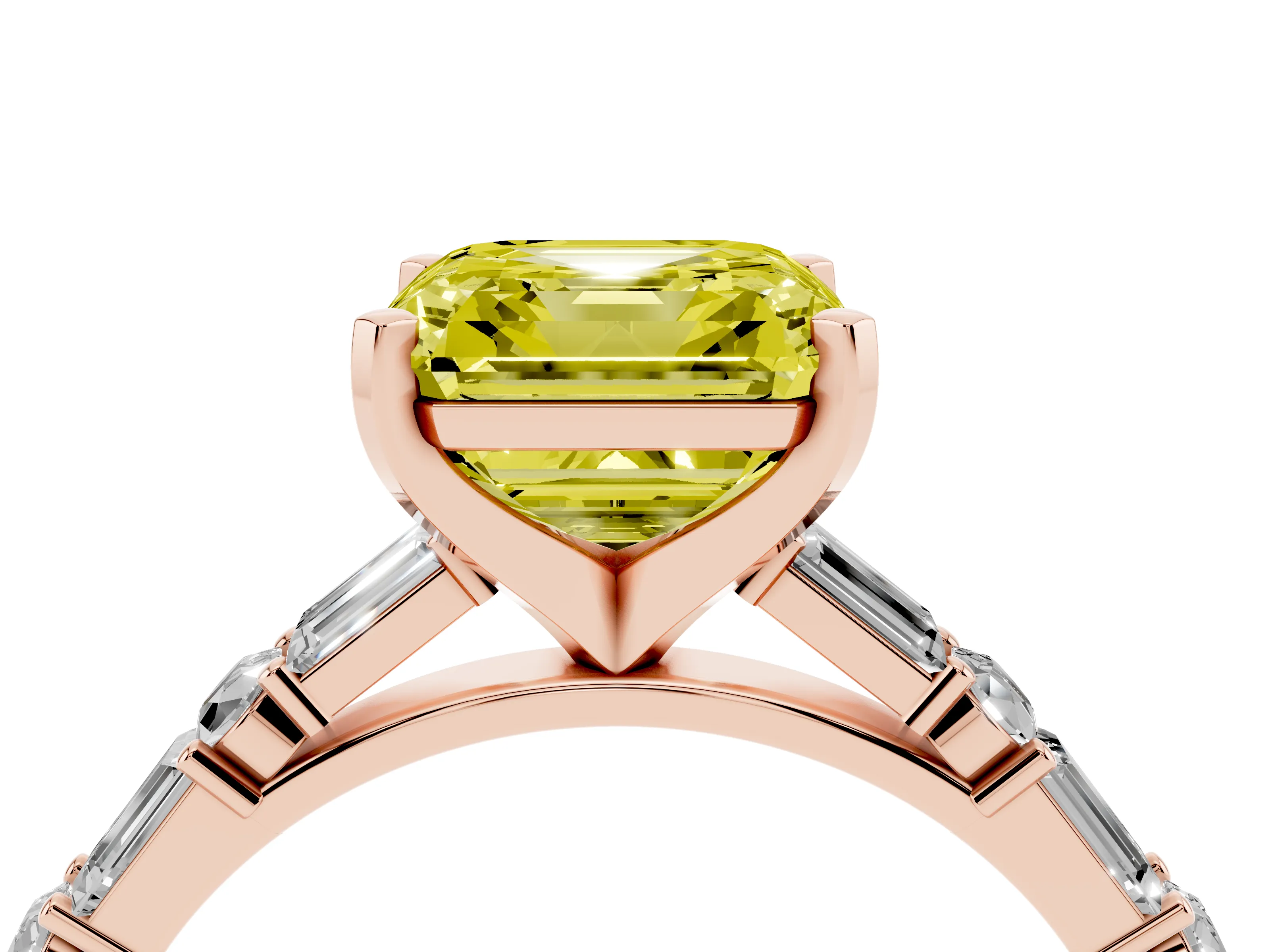 Fancy Yellow Asscher Cut Diamond Solitaire Set in Rose gold with Side Baguettes and Channel Set Band
