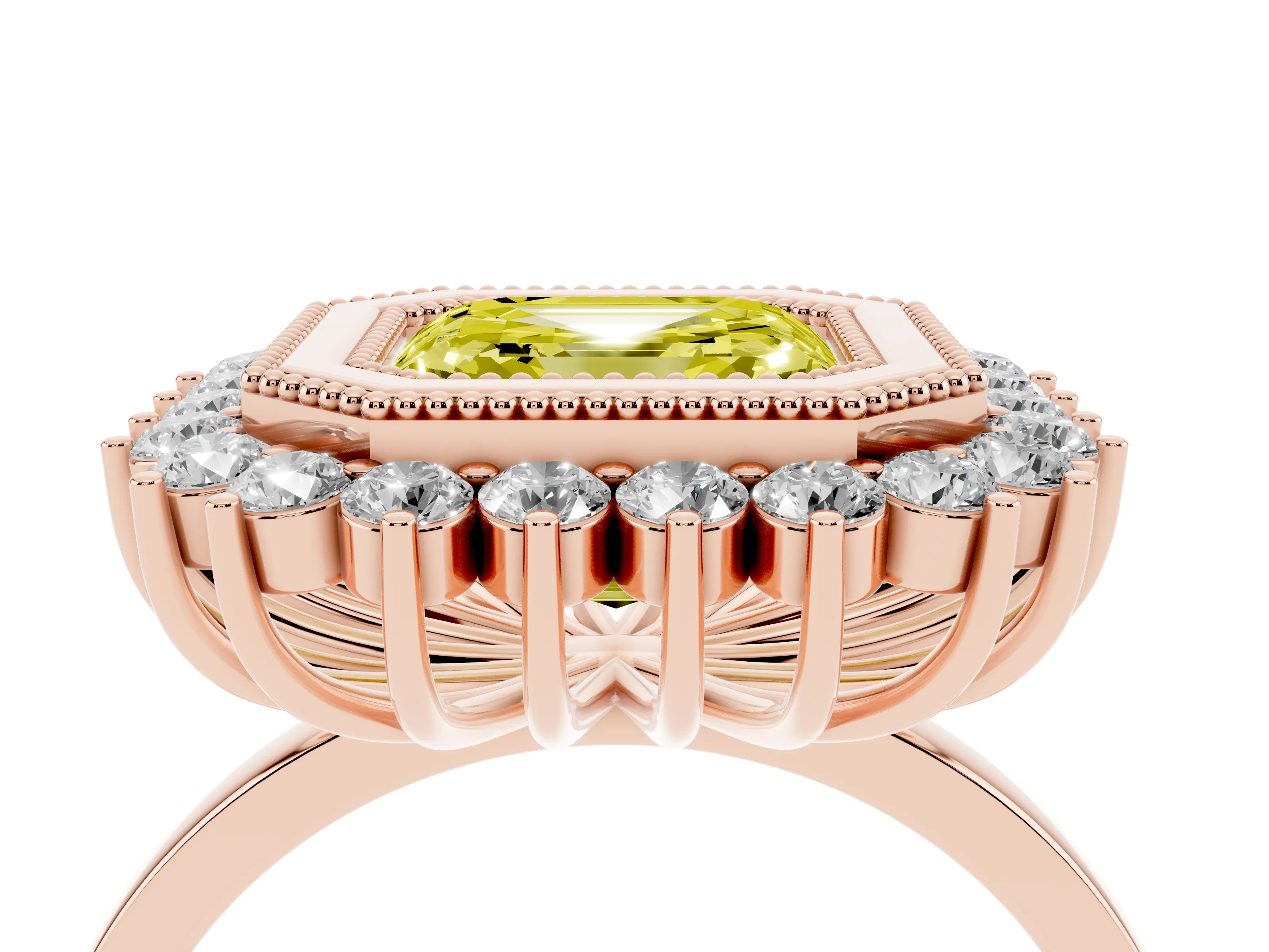 Fancy Yellow Asscher Cut Diamond Halo Ring Set in Rose gold with Milgrain Edge and Round Prong Setting