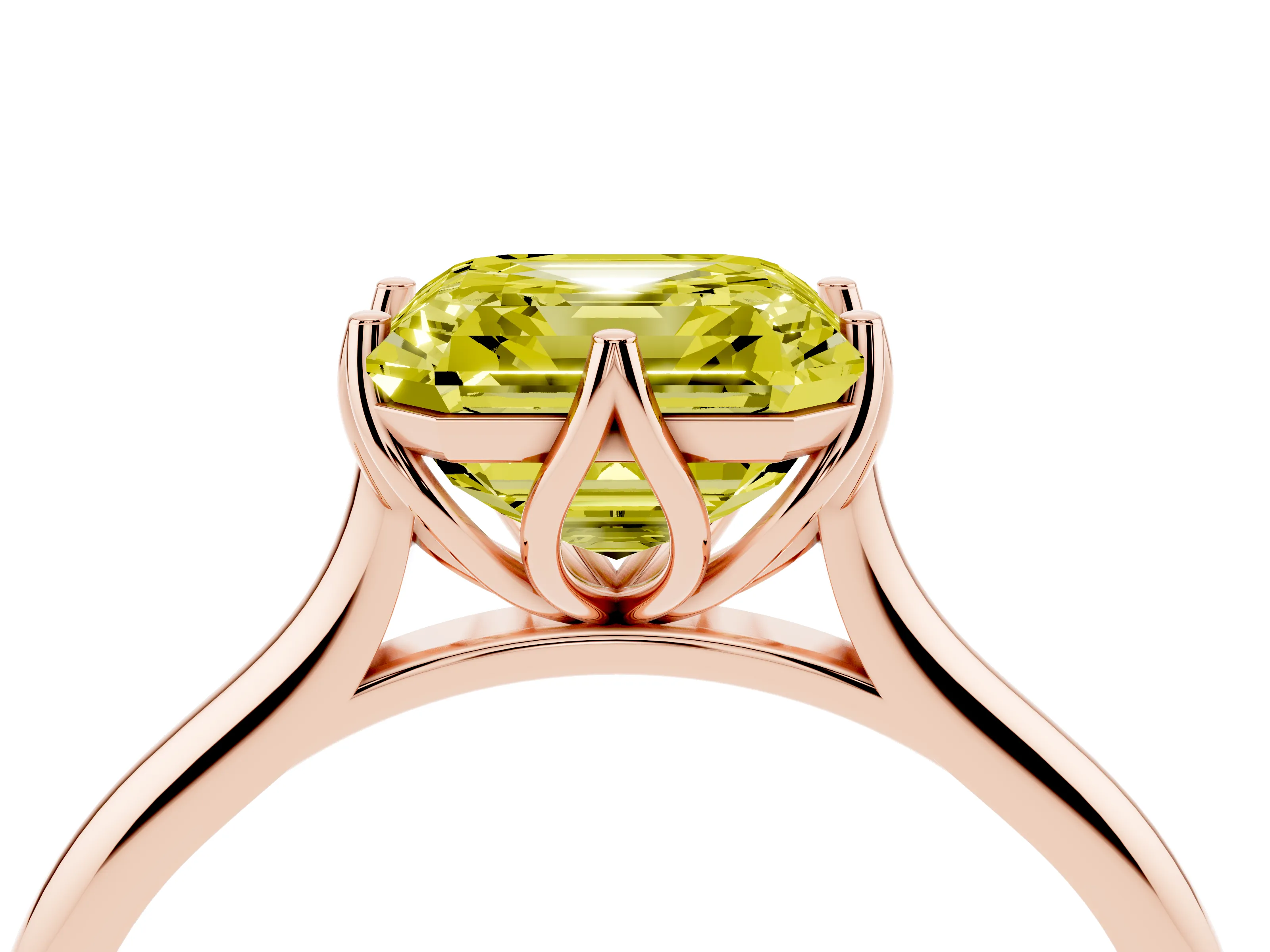 Fancy Yellow Asscher Cut Diamond Solitaire Cathedral Ring Set in Rose gold with Prong Setting