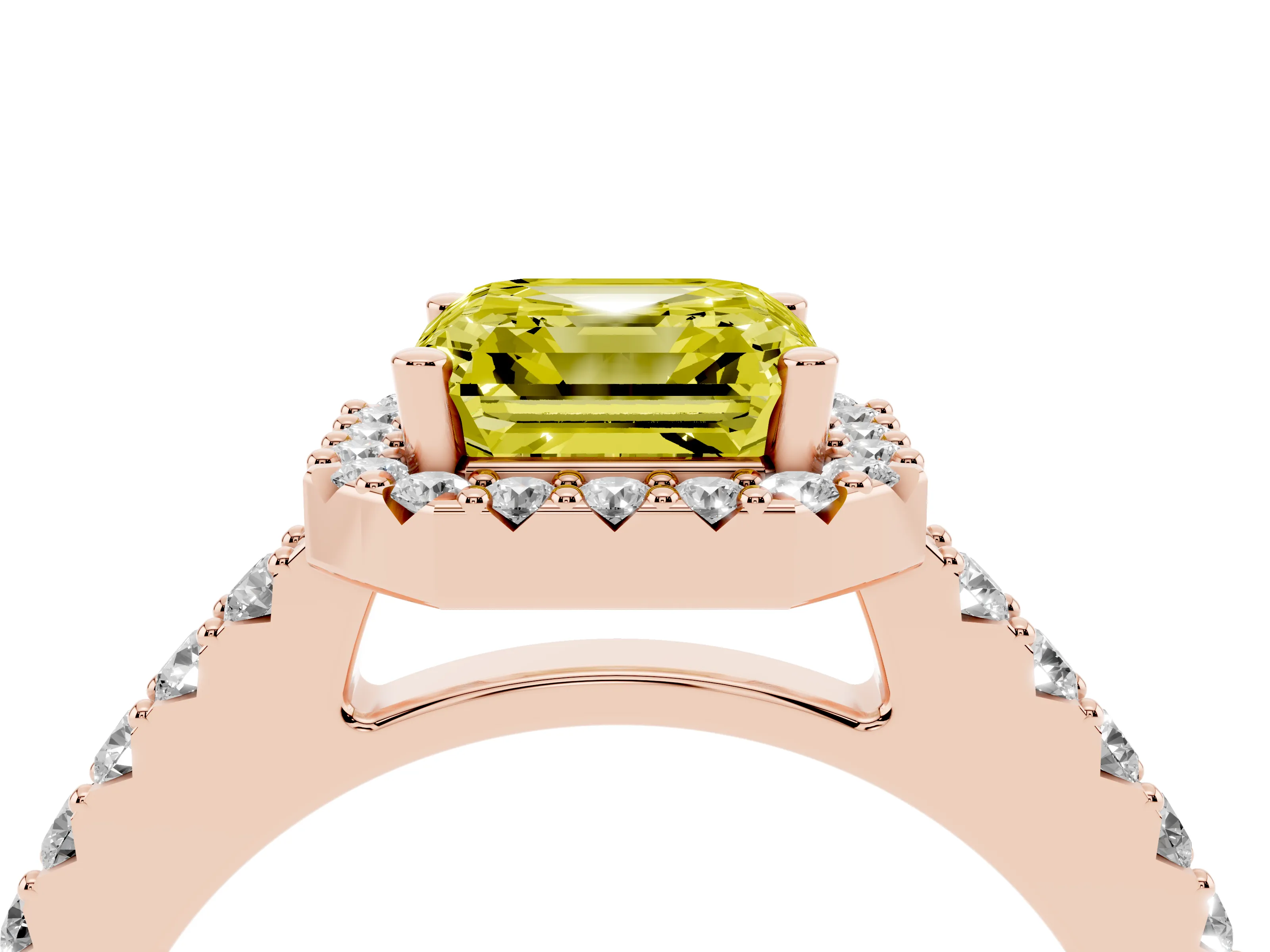 Fancy Yellow Asscher Cut Diamond Halo Pavé Solitaire Ring Set in Rose gold with Prong-Set Center Stone