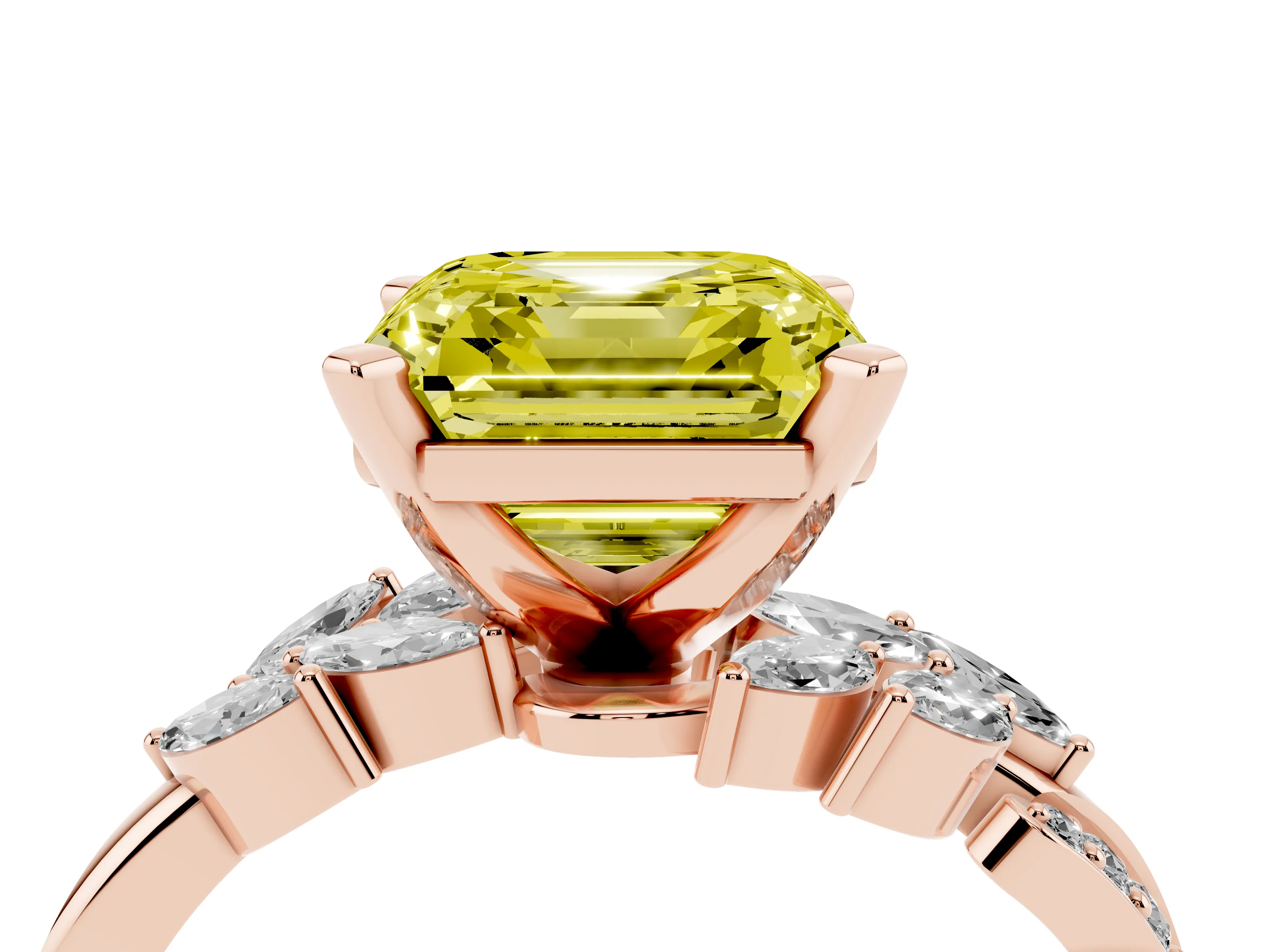 Fancy Yellow Asscher Cut Diamond Solitaire Ring Set in Rose gold with Marquise Twist Band and Prong Setting