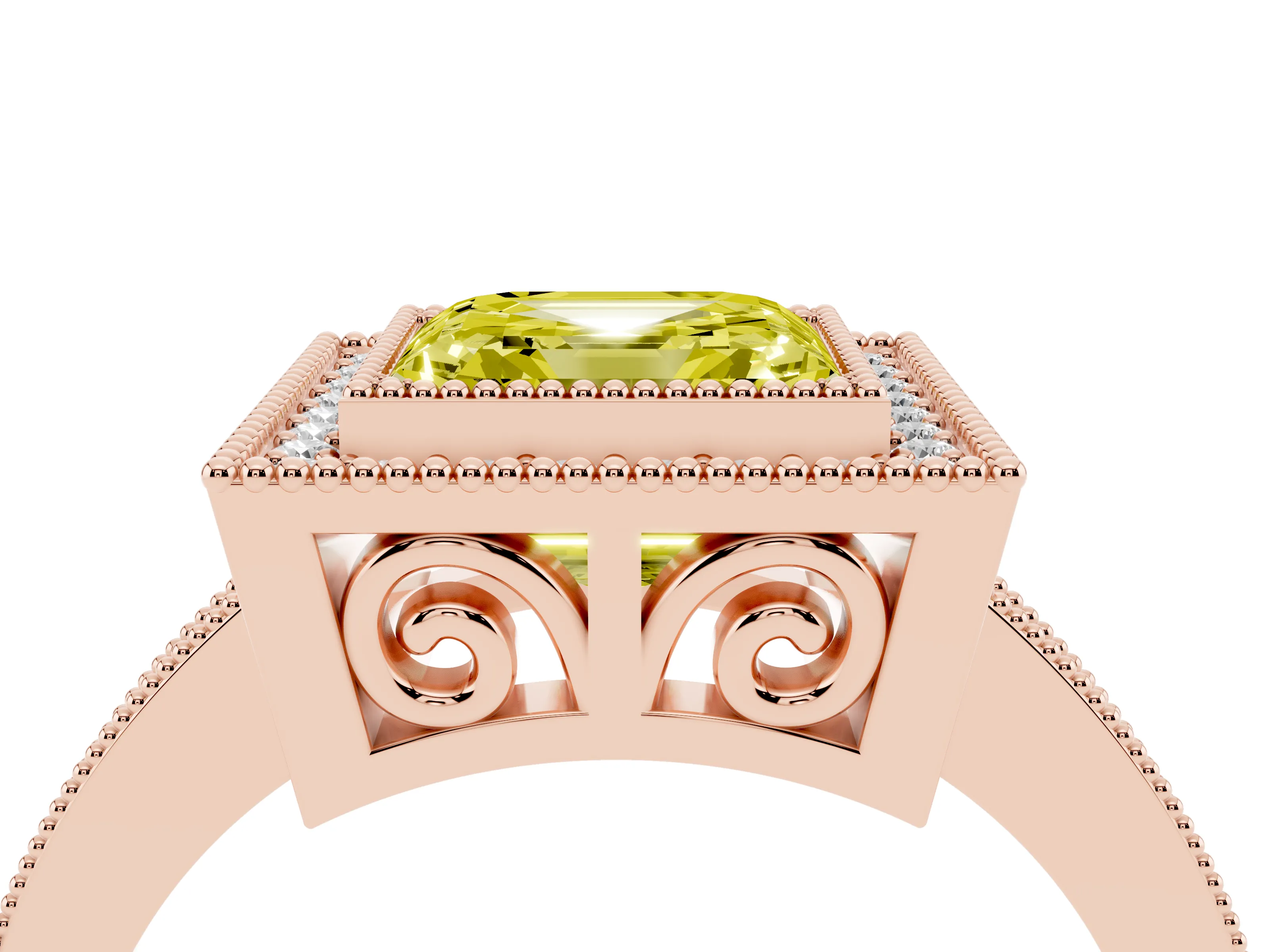 Fancy Yellow Asscher Cut Diamond Round Halo Ring Set in Rose gold with Pavé Band