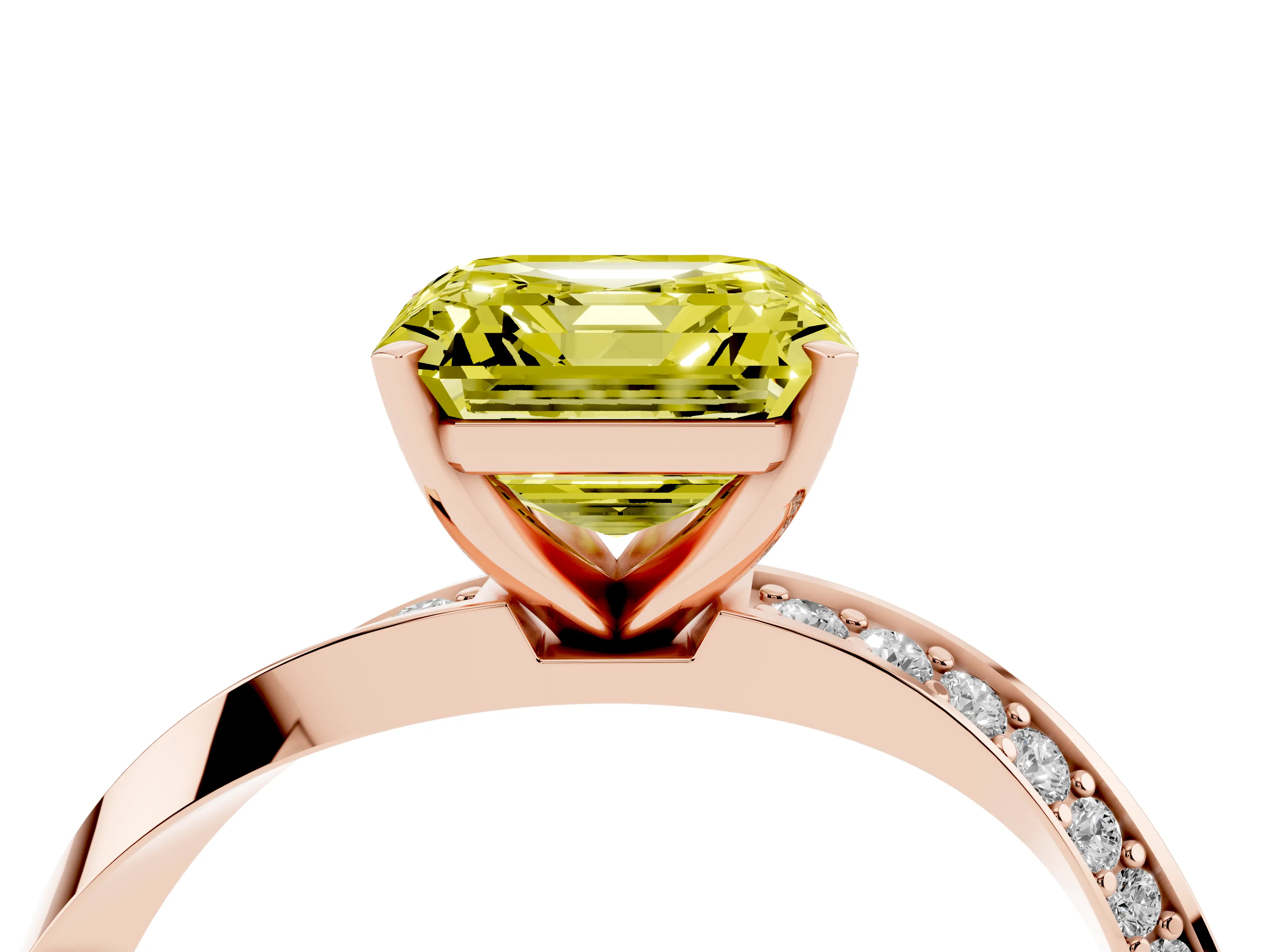 Fancy Yellow Asscher Cut Diamond Engagement Ring Set in Rose gold with Side Stone Accents and Prong Setting