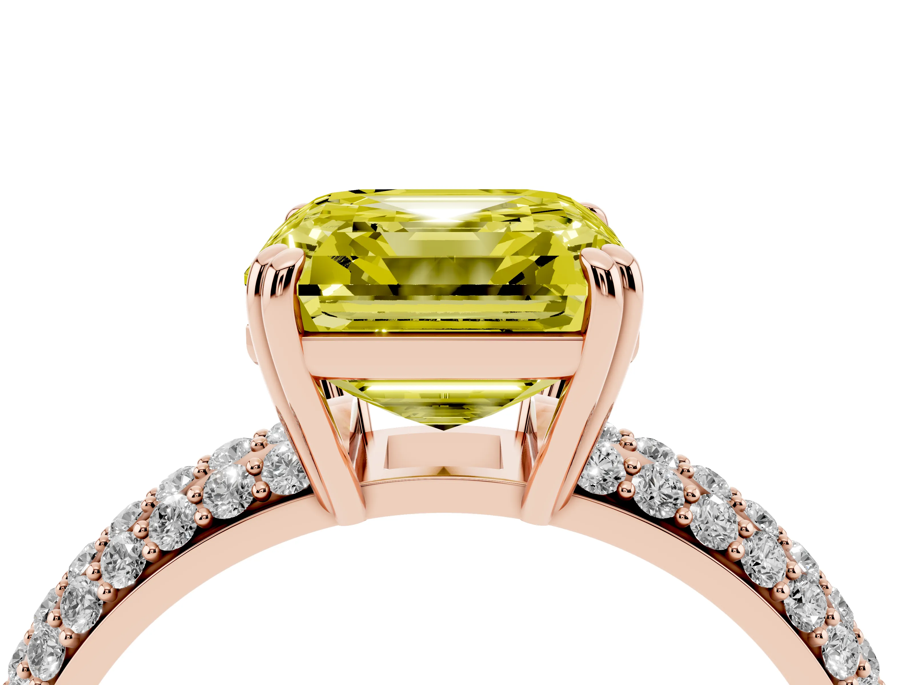 Fancy Yellow Asscher Cut Diamond Solitaire Ring Set in Rose gold with Multi-Row Round Pavé Band and Prong Setting