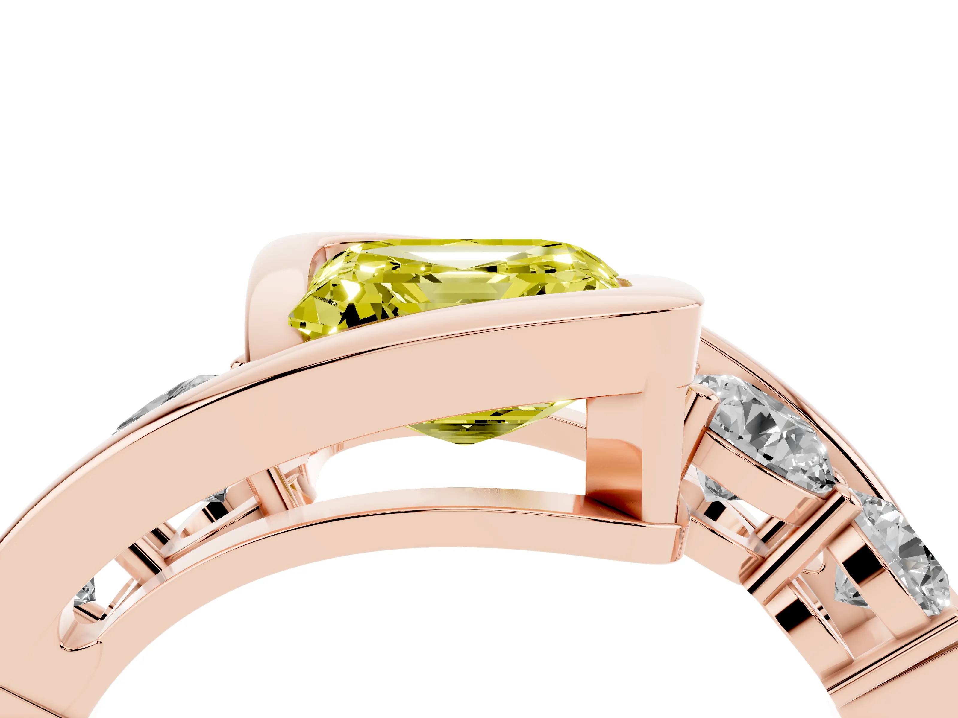 Fancy Yellow Asscher Cut Diamond Bezel Bypass Ring Set in Rose gold with Round Accents