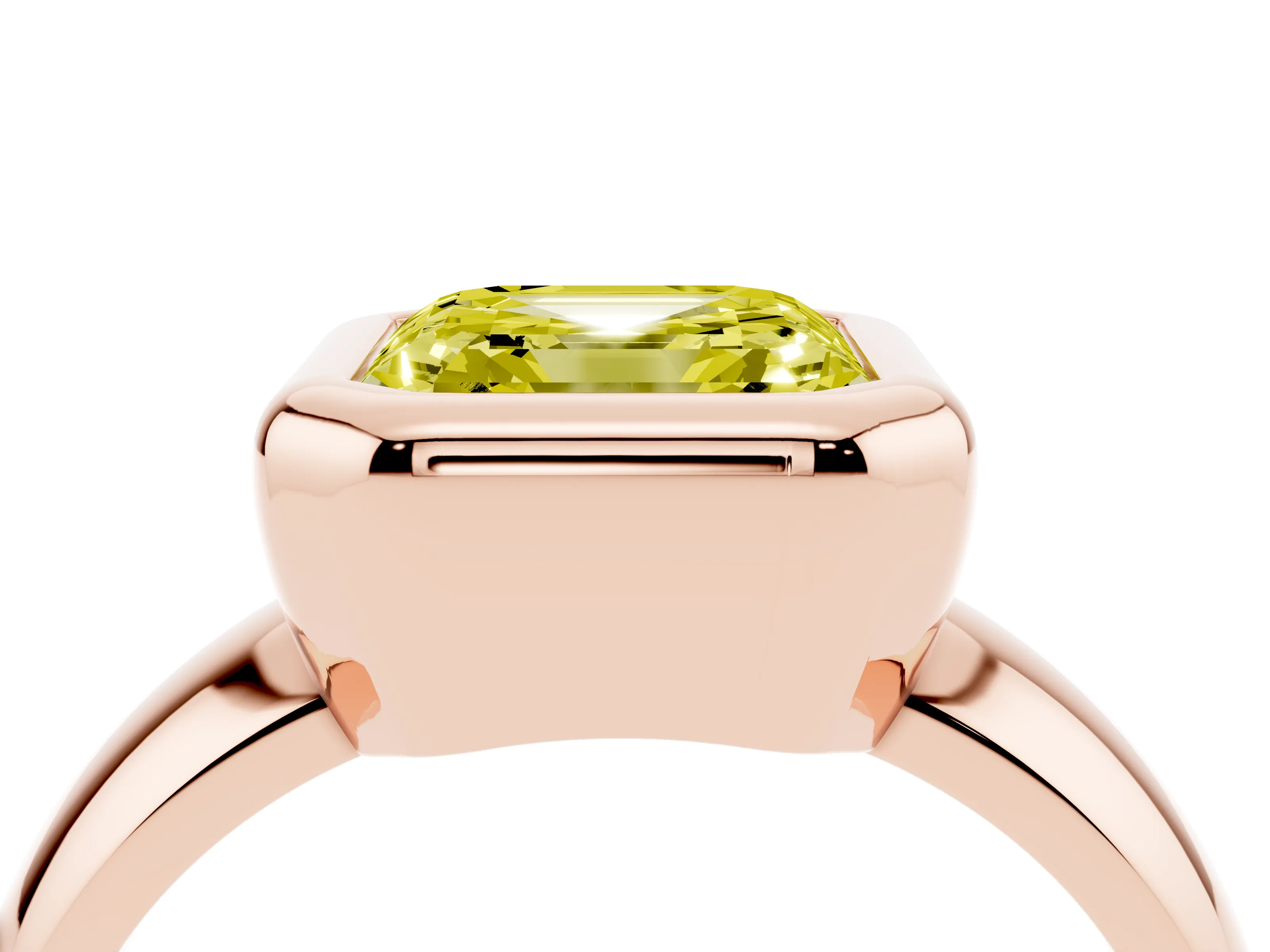 Fancy Yellow Bezel Set Asscher Cut Diamond Solitaire Ring Set in Rose gold with Wide Band