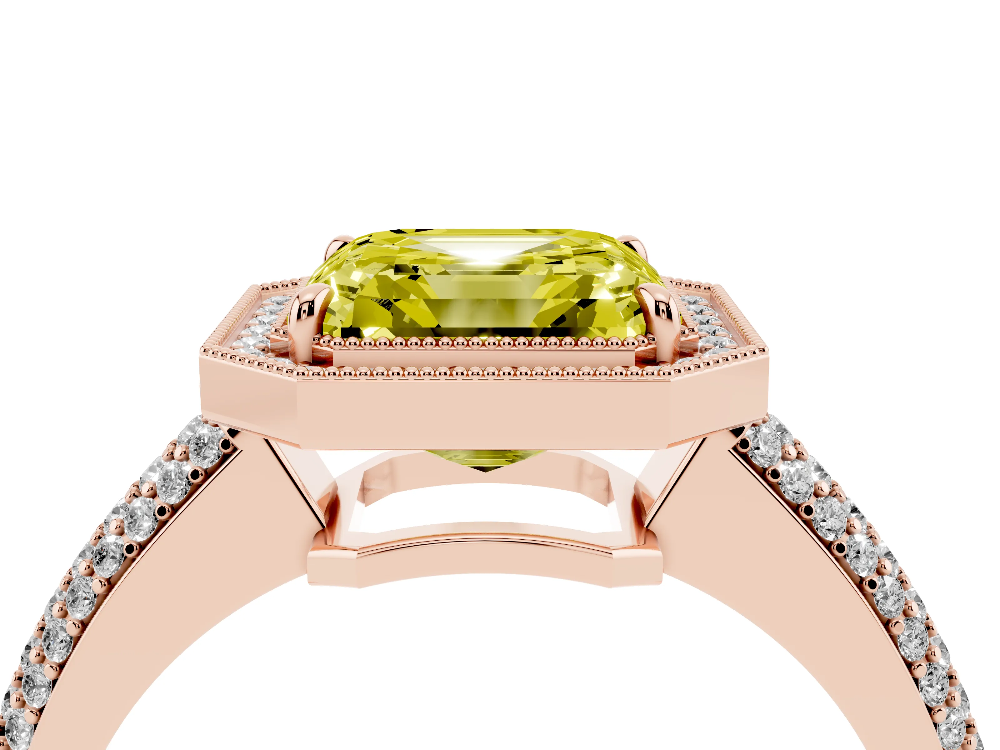 Fancy Yellow Asscher Cut Diamond Halo Pavé Band Set in Rose gold with Prong Setting