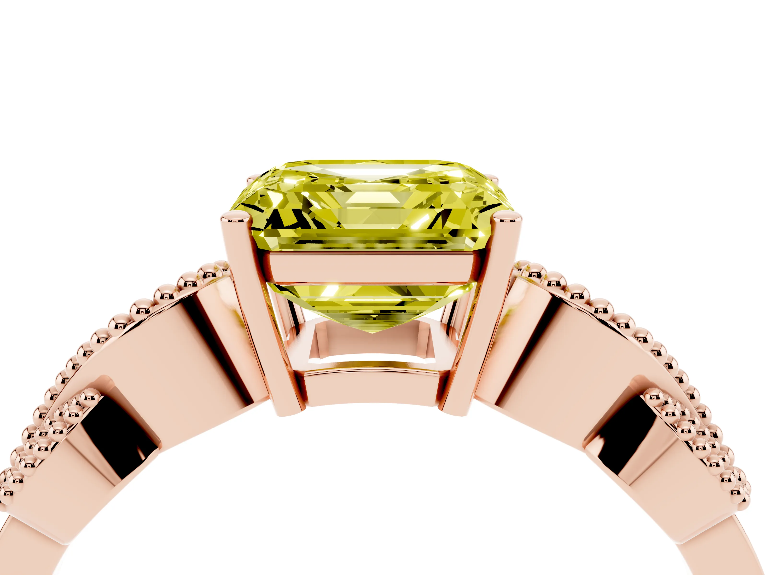 Fancy Yellow Asscher Cut Diamond Milgrain Leaf Band Solitaire Ring Set in Rose gold with Accent Stones and Prong Setting