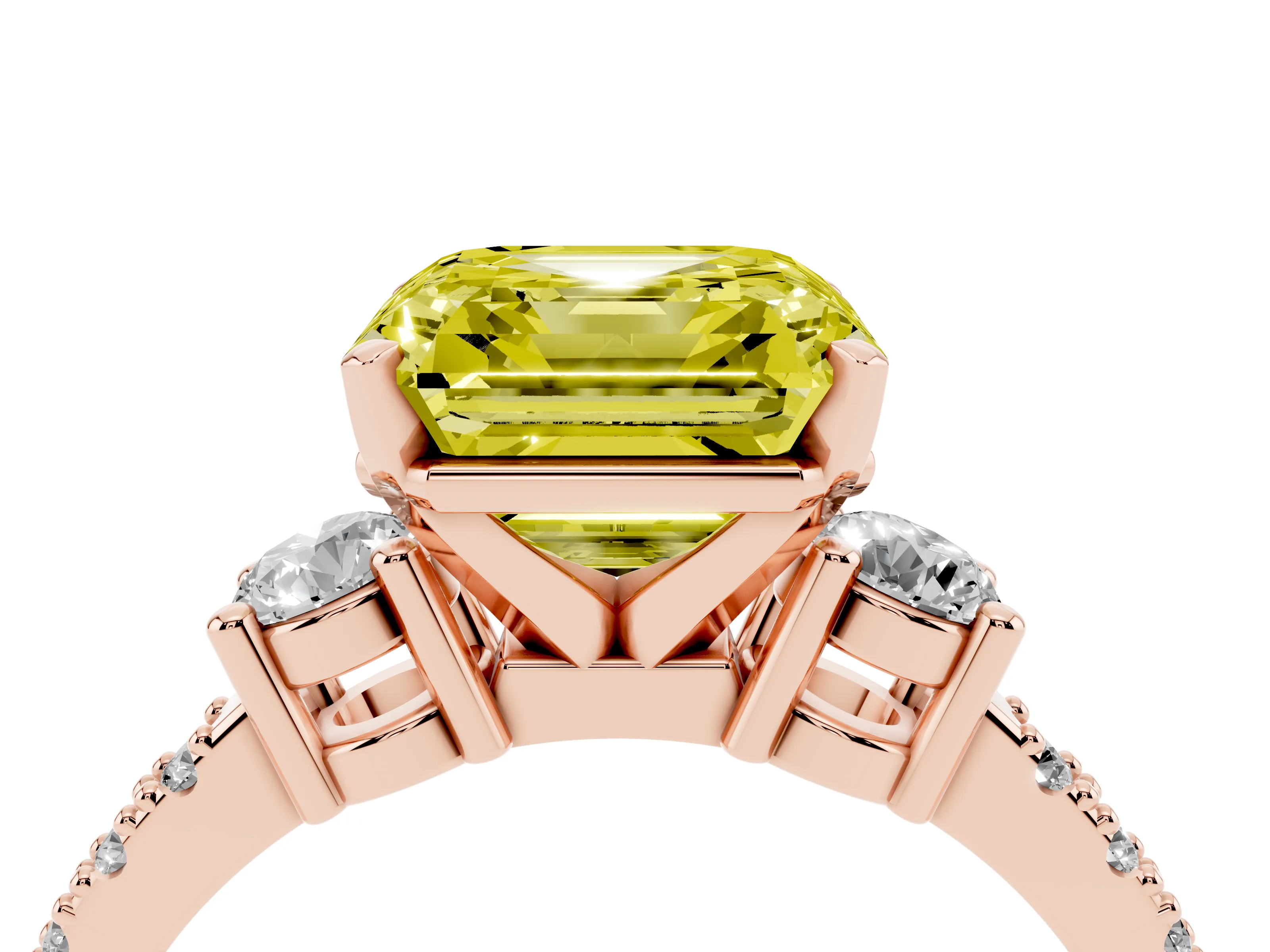 Fancy Yellow Three-Stone Asscher Cut Diamond Pavé Band Ring Set in Rose gold with Prong Setting