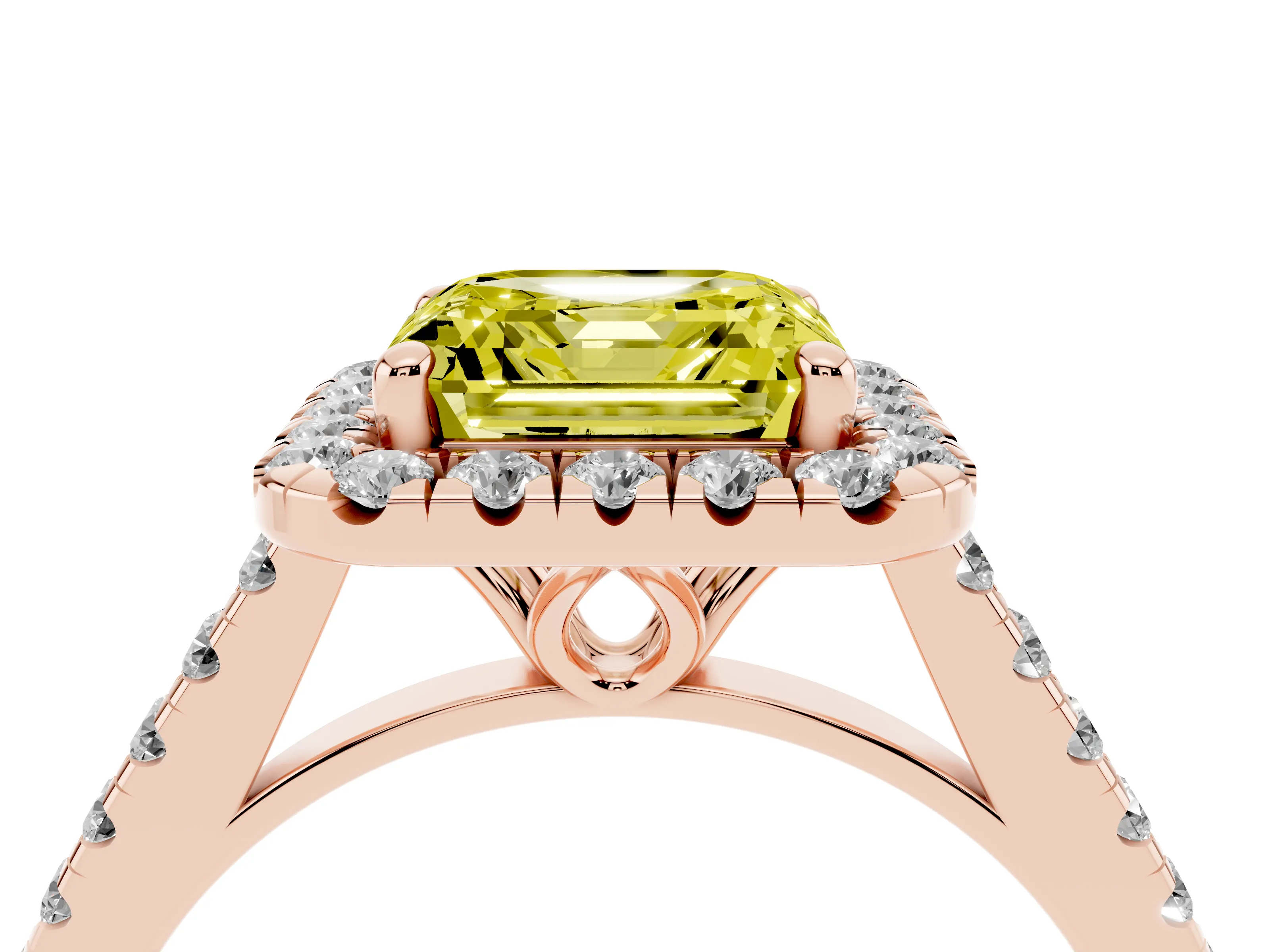 Fancy Yellow Asscher Cut Diamond Pavé Halo Engagement Ring Set in Rose gold with Pavé Band and Prong Setting