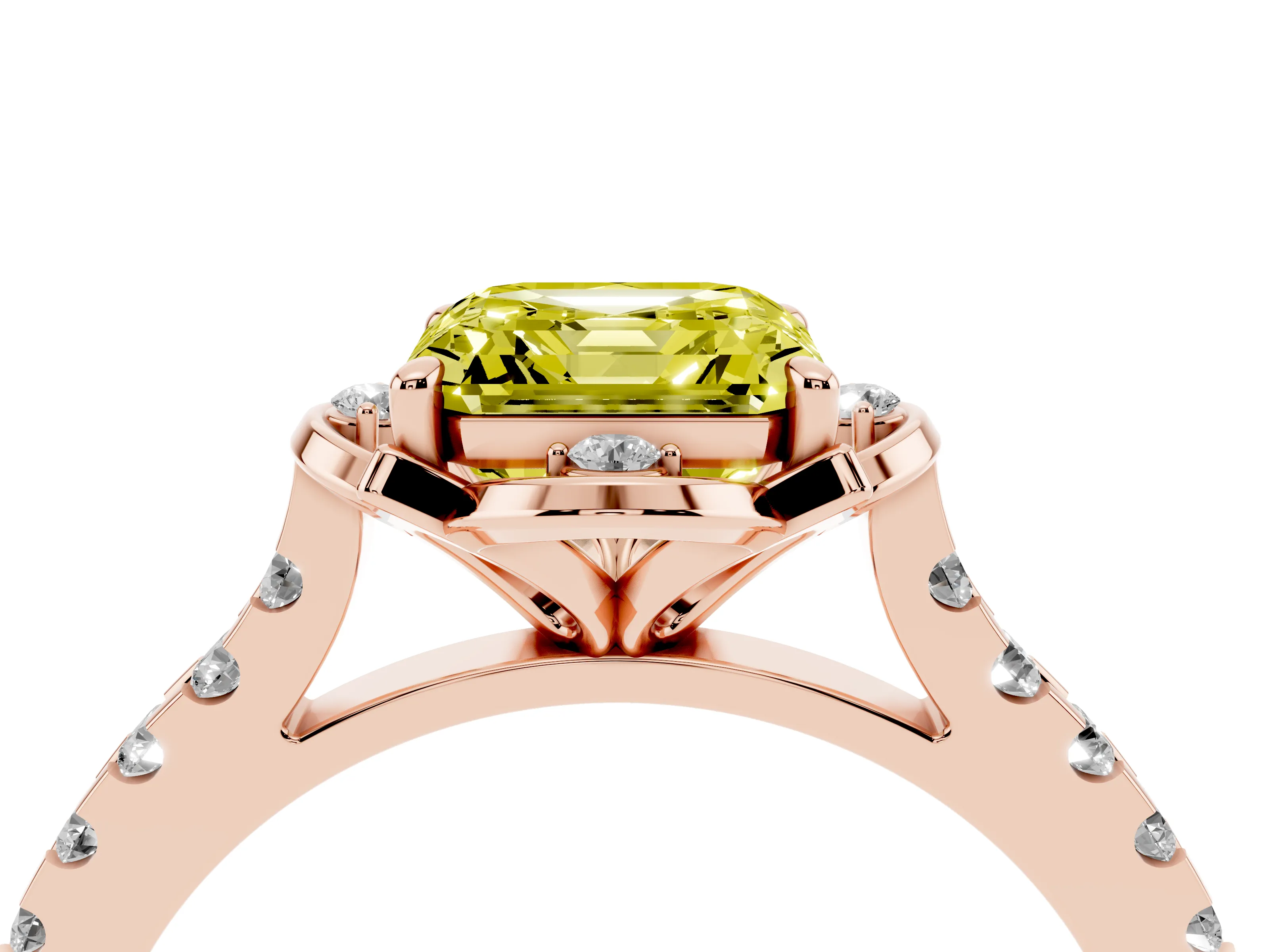 Fancy Yellow Asscher Cut Diamond Solitaire Ring Set in Rose gold with Pavé Band and Floral Prong Setting