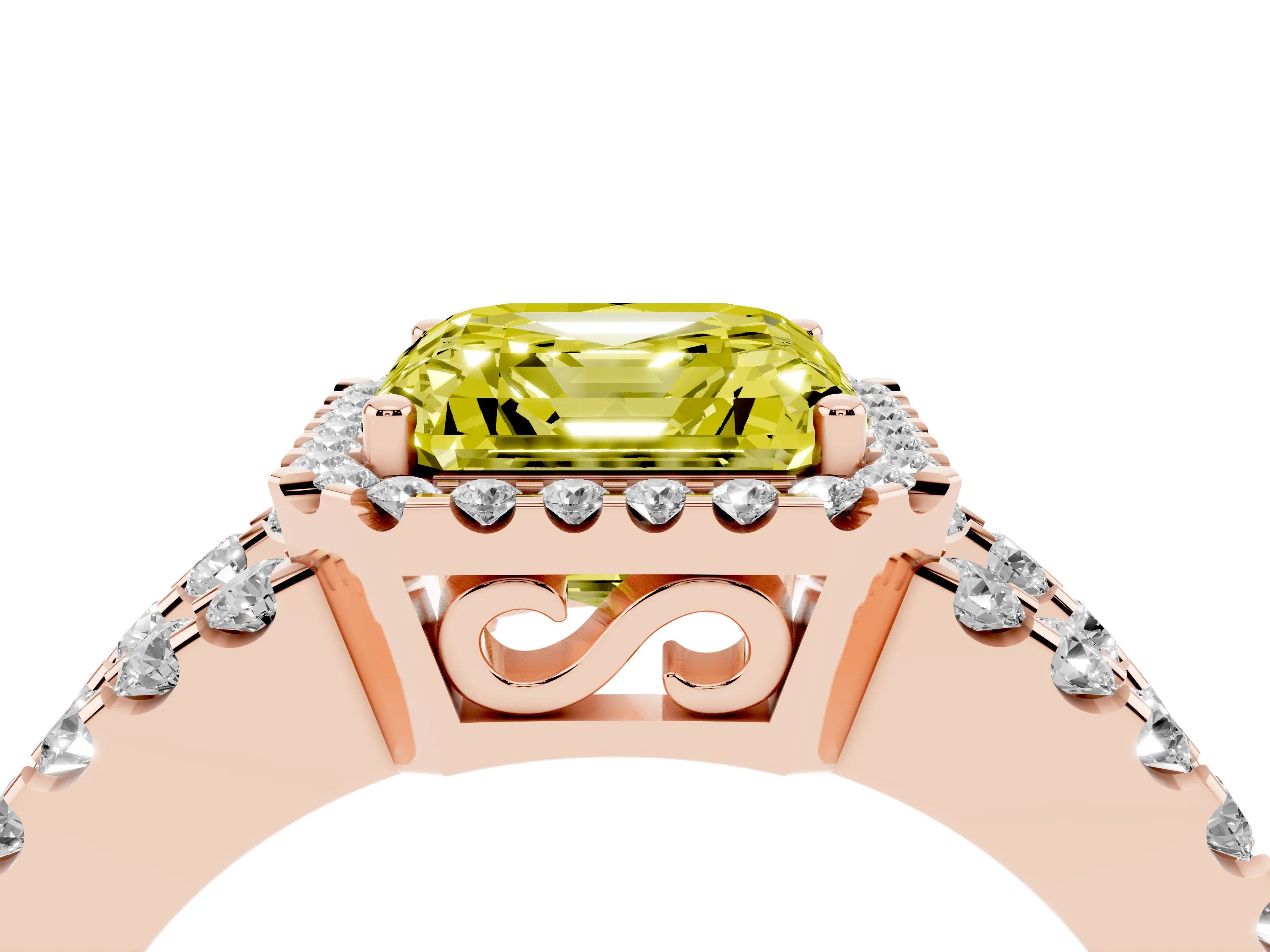 Fancy Yellow Asscher Cut Diamond Halo Ring Set in Rose gold with Pavé Split Shank and Prong Setting