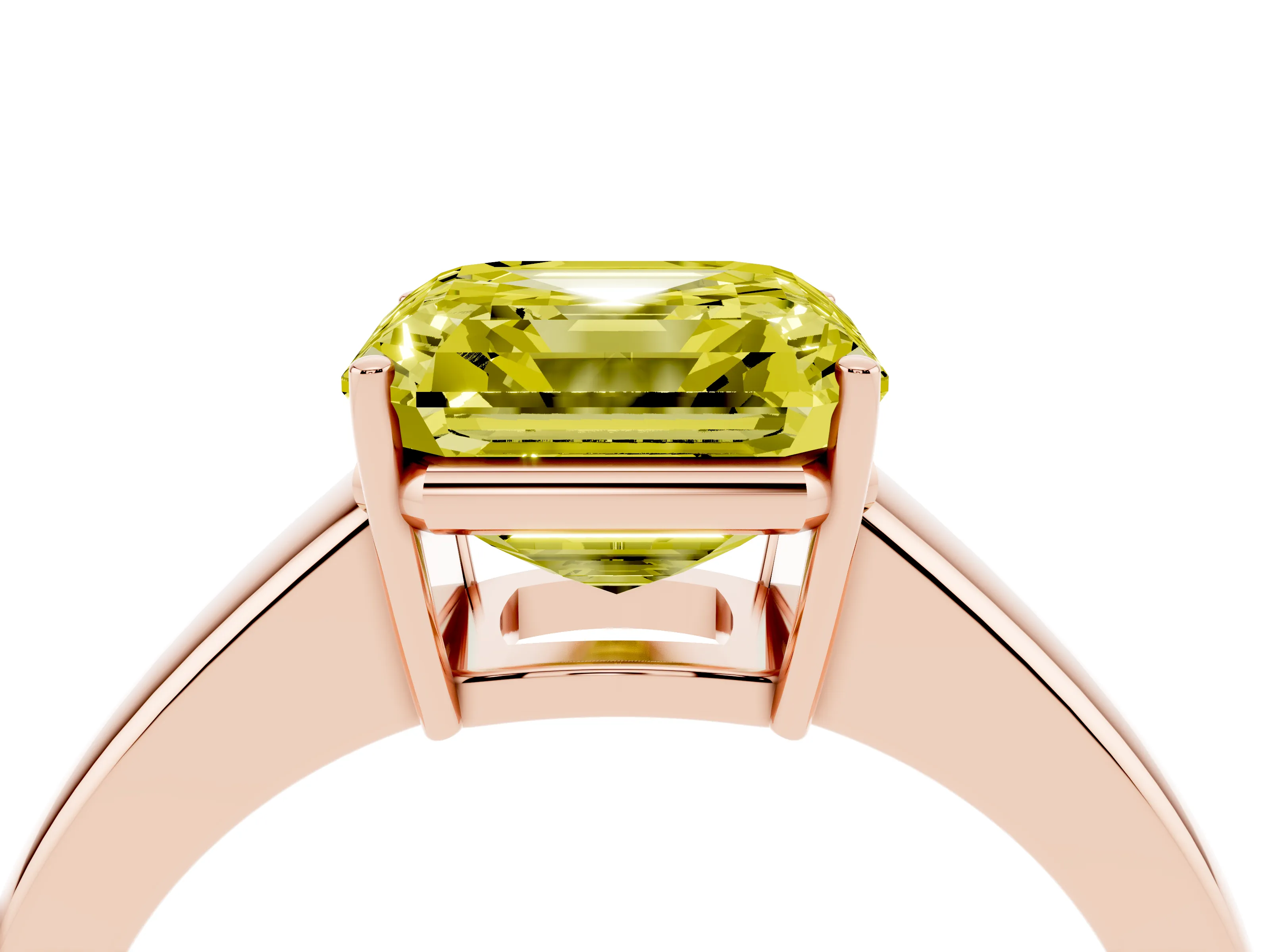 Fancy Yellow Asscher Cut Diamond Solitaire Ring Set in Rose gold with Tapered Band and Prong Setting