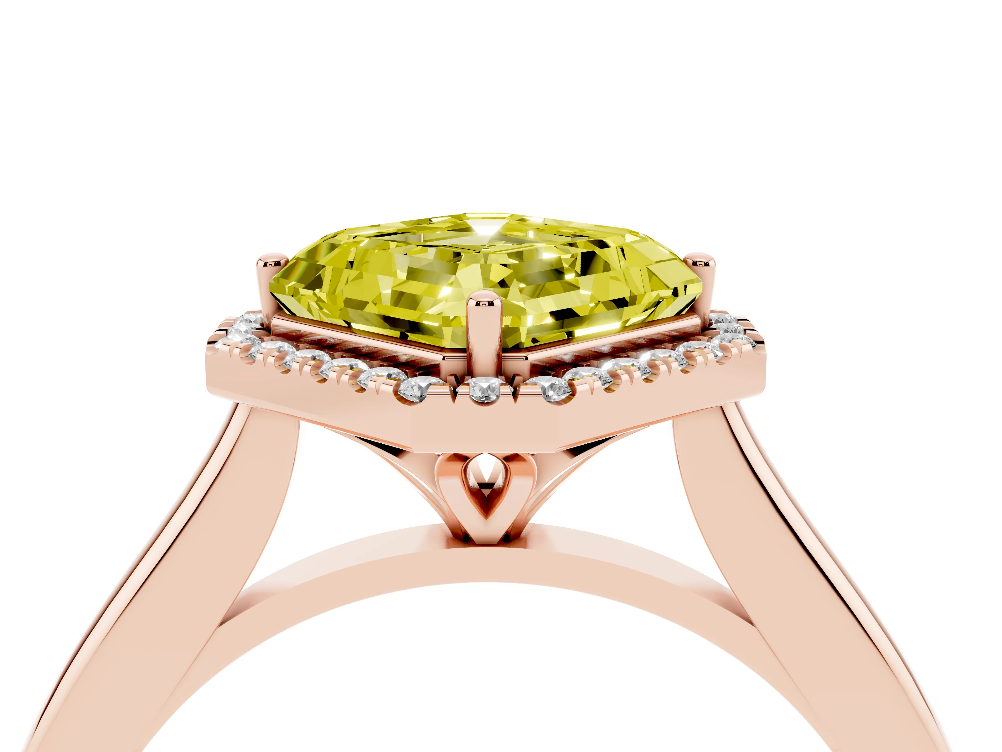 Fancy Yellow Asscher Cut Diamond Halo Engagement Ring Set in Rose gold with Pavé Band and Rising Shoulders