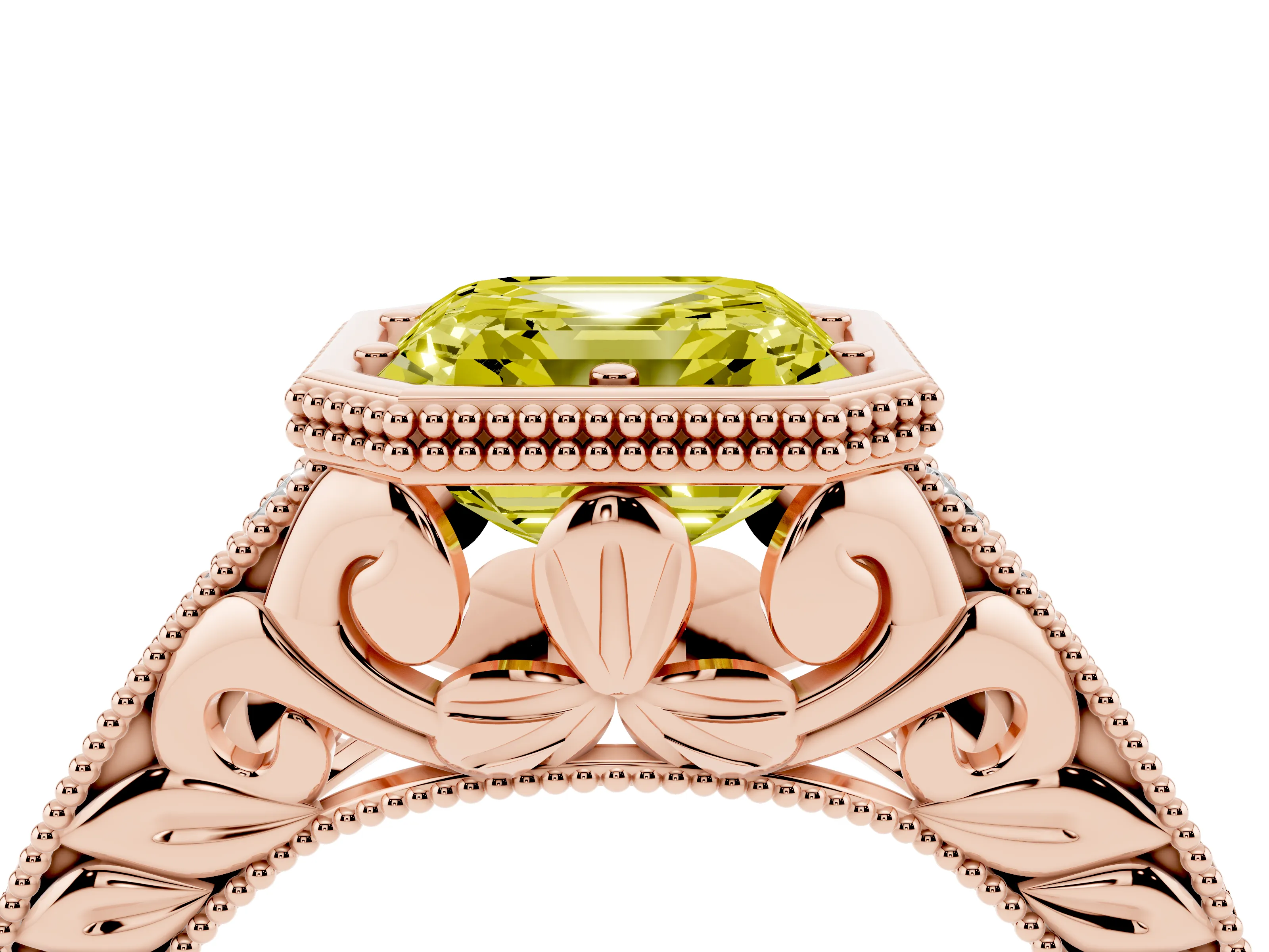 Fancy Yellow Bezel Set Asscher Cut Diamond Milgrain Pavé Engagement Ring Set in Rose gold