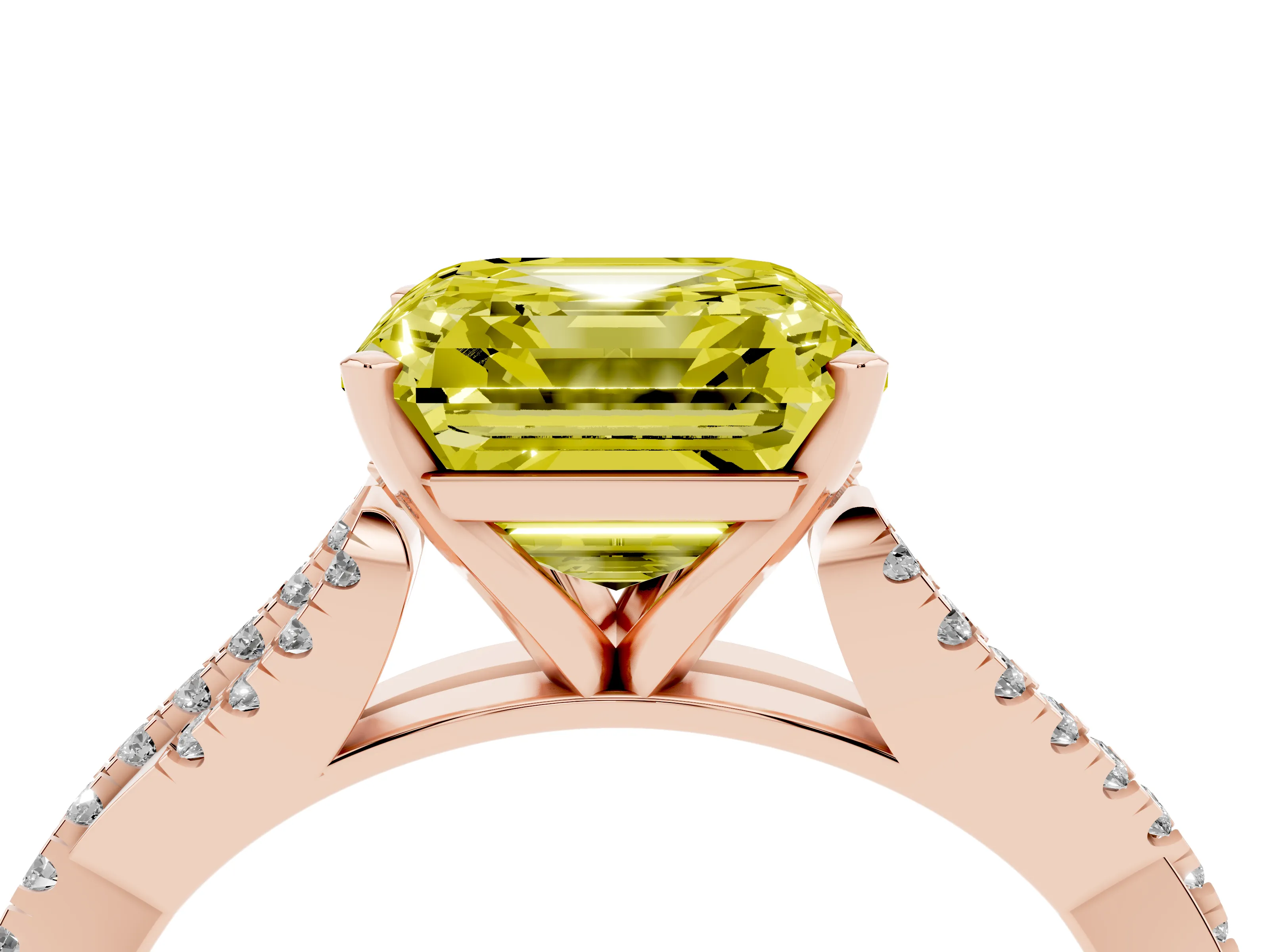 Fancy Yellow Asscher Cut Diamond Solitaire Engagement Ring Set in Rose gold with Twisted Pavé Band and Prong Setting