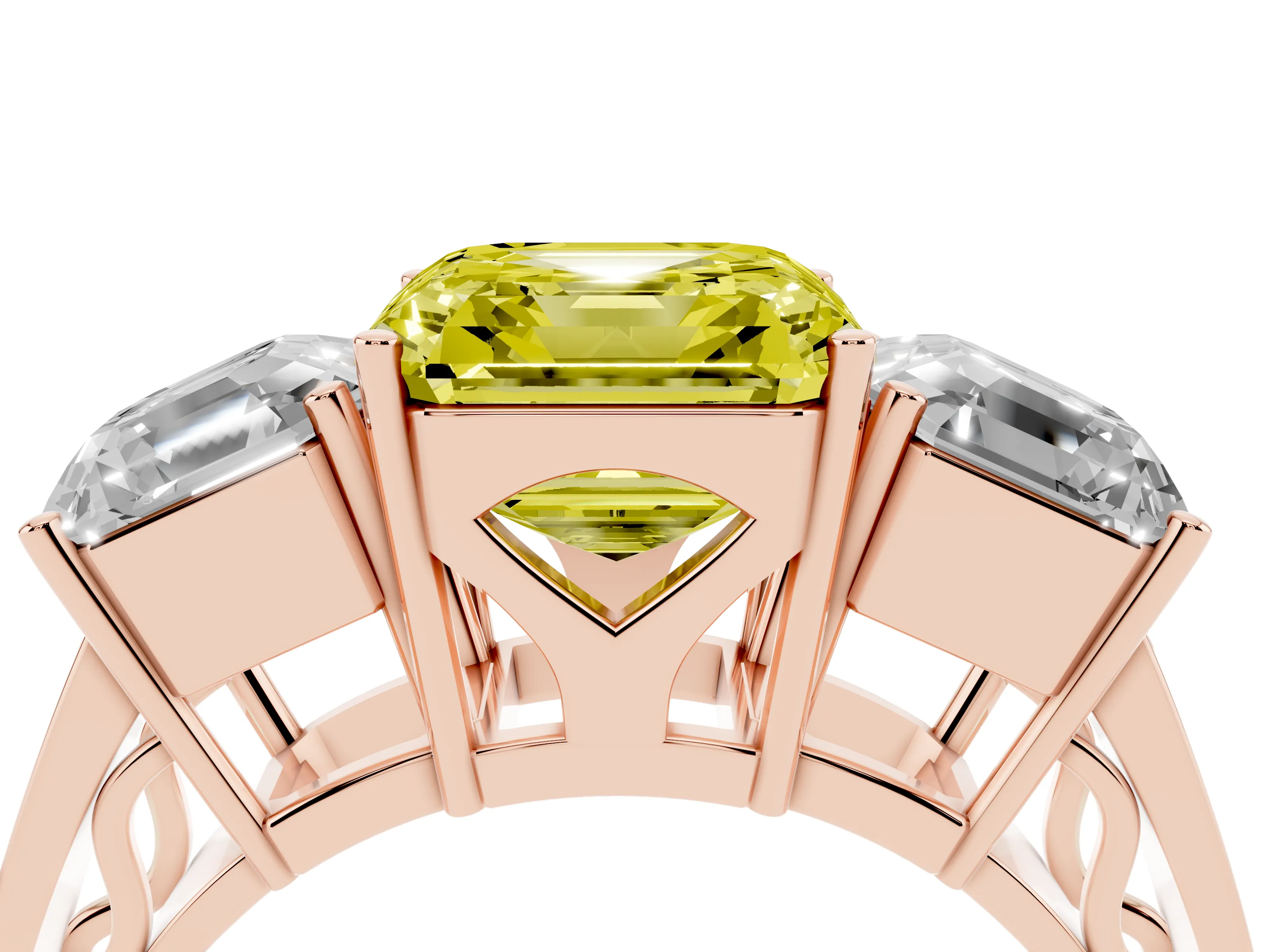Fancy Yellow Asscher Cut Diamond Three-Stone Ring Set in Rose gold with Textured Band
