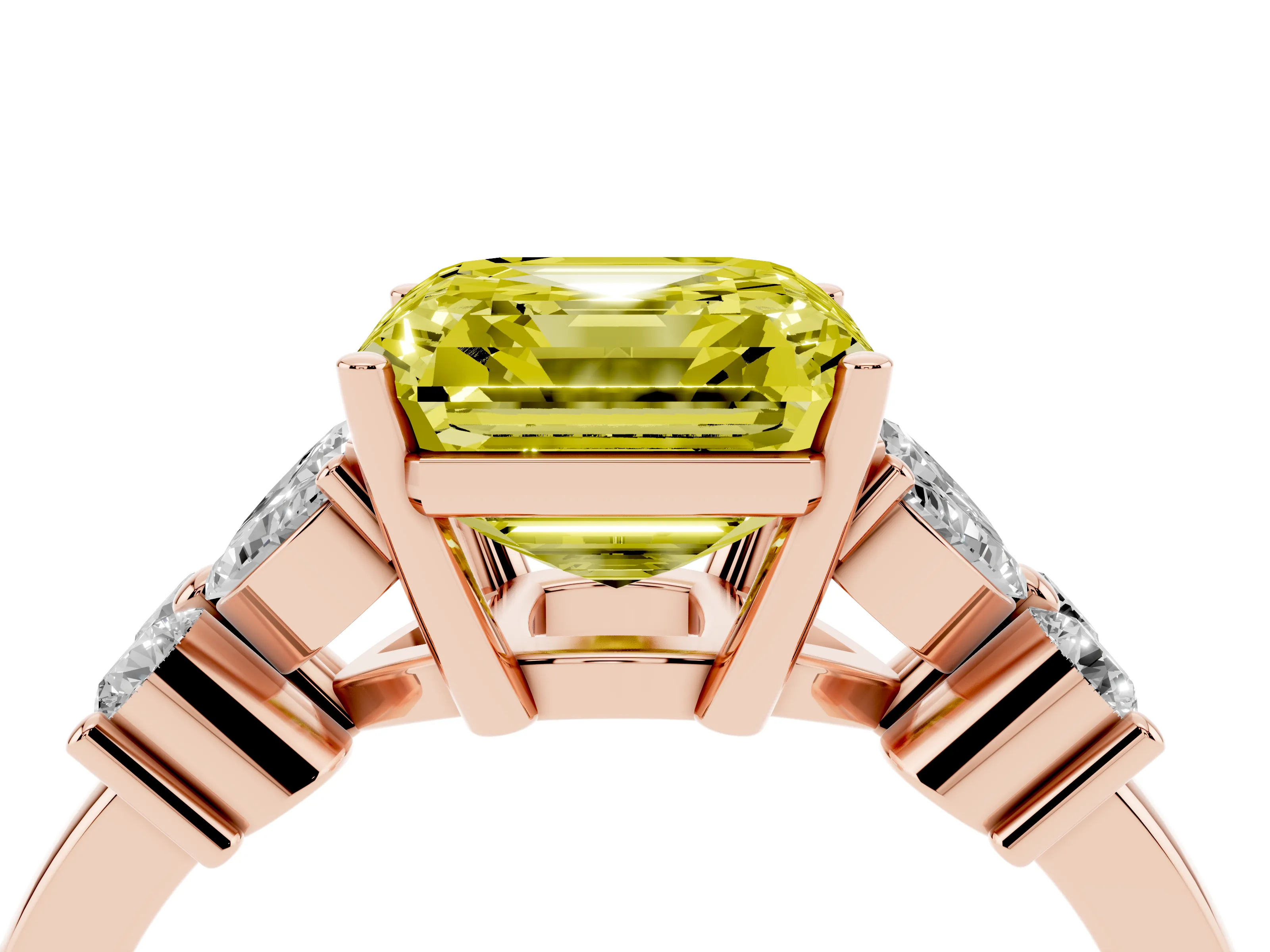 Fancy Yellow Asscher Cut Diamond Floral Cluster Ring Set in Rose gold with Marquise Petals and Prong Setting