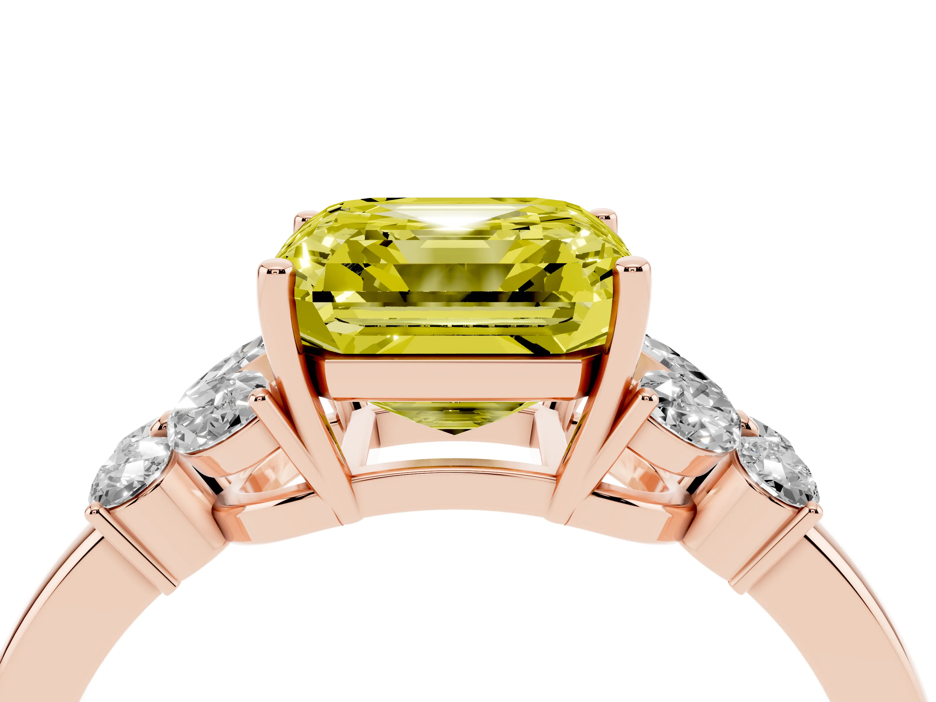Fancy Yellow Asscher Cut Diamond Solitaire Floral Ring Set in Rose gold with Marquise Petals and Prong Setting