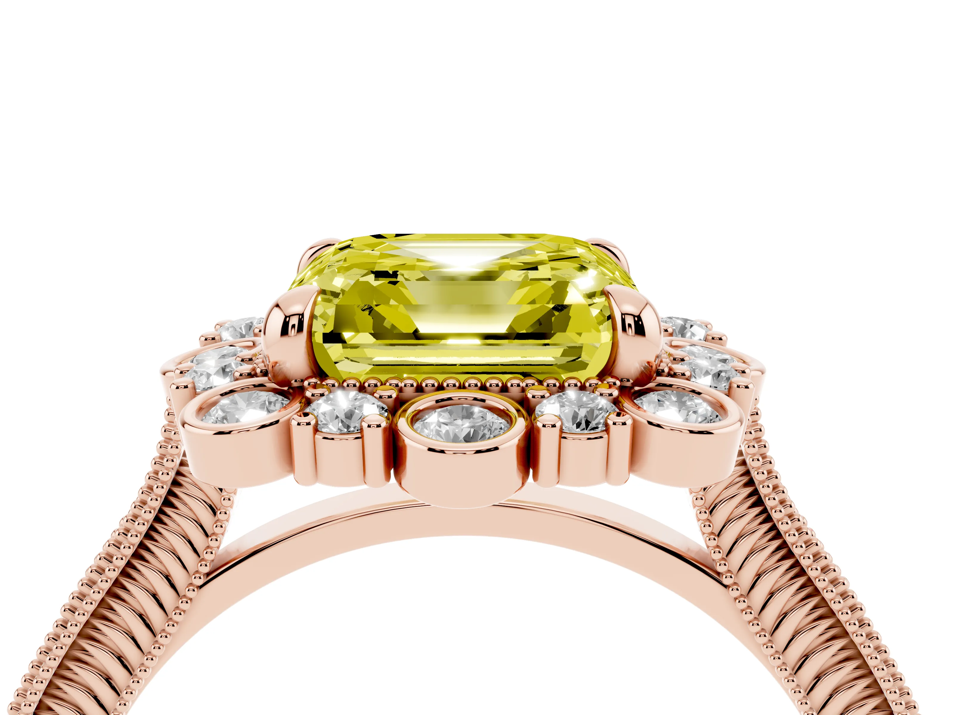 Fancy Yellow Asscher Cut Diamond Halo Milgrain Pavé Ring Set in Rose gold with Prong Setting