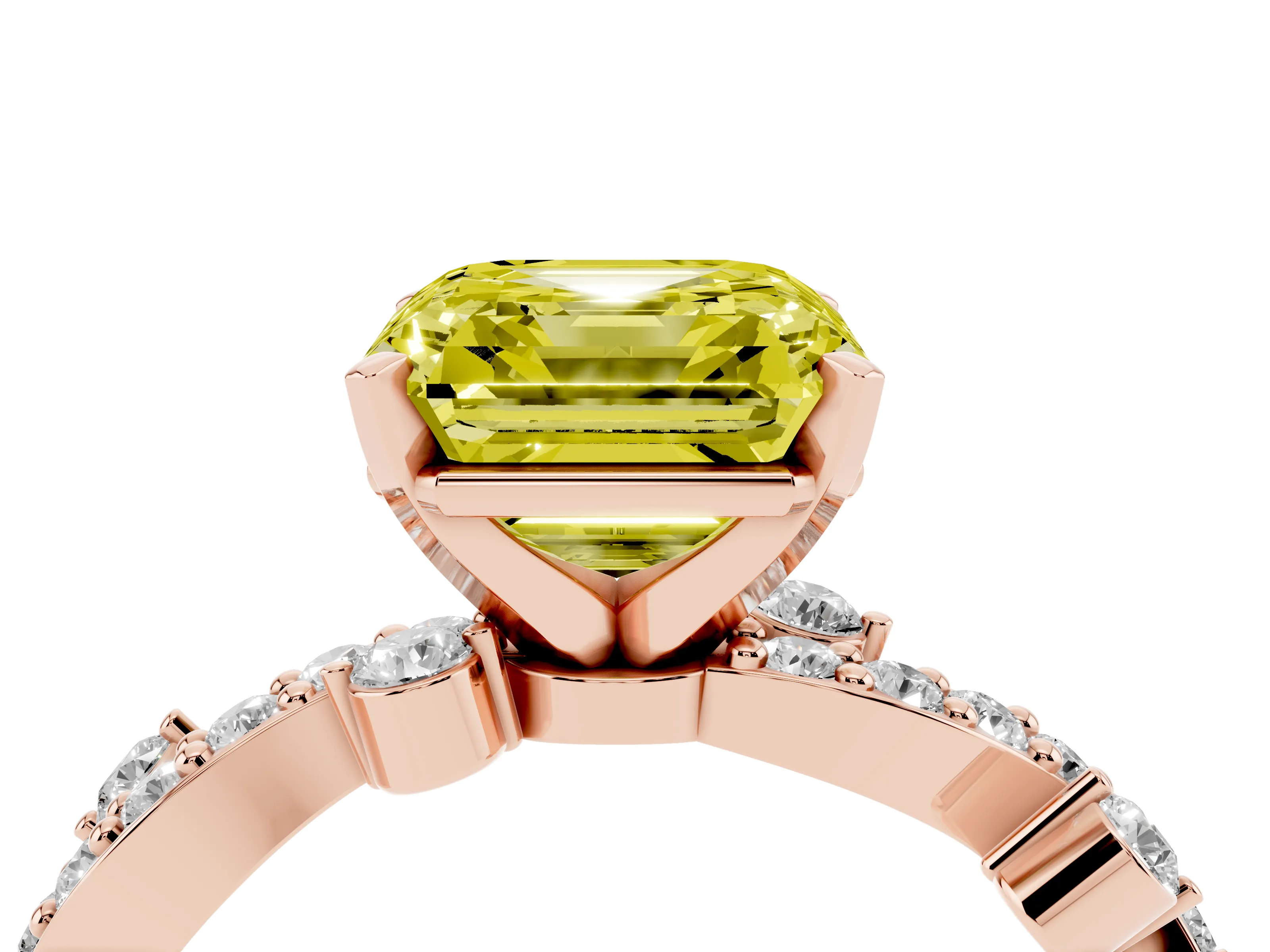 Fancy Yellow Asscher Cut Diamond Solitaire Twisted Band Set in Rose gold with Pavé Setting