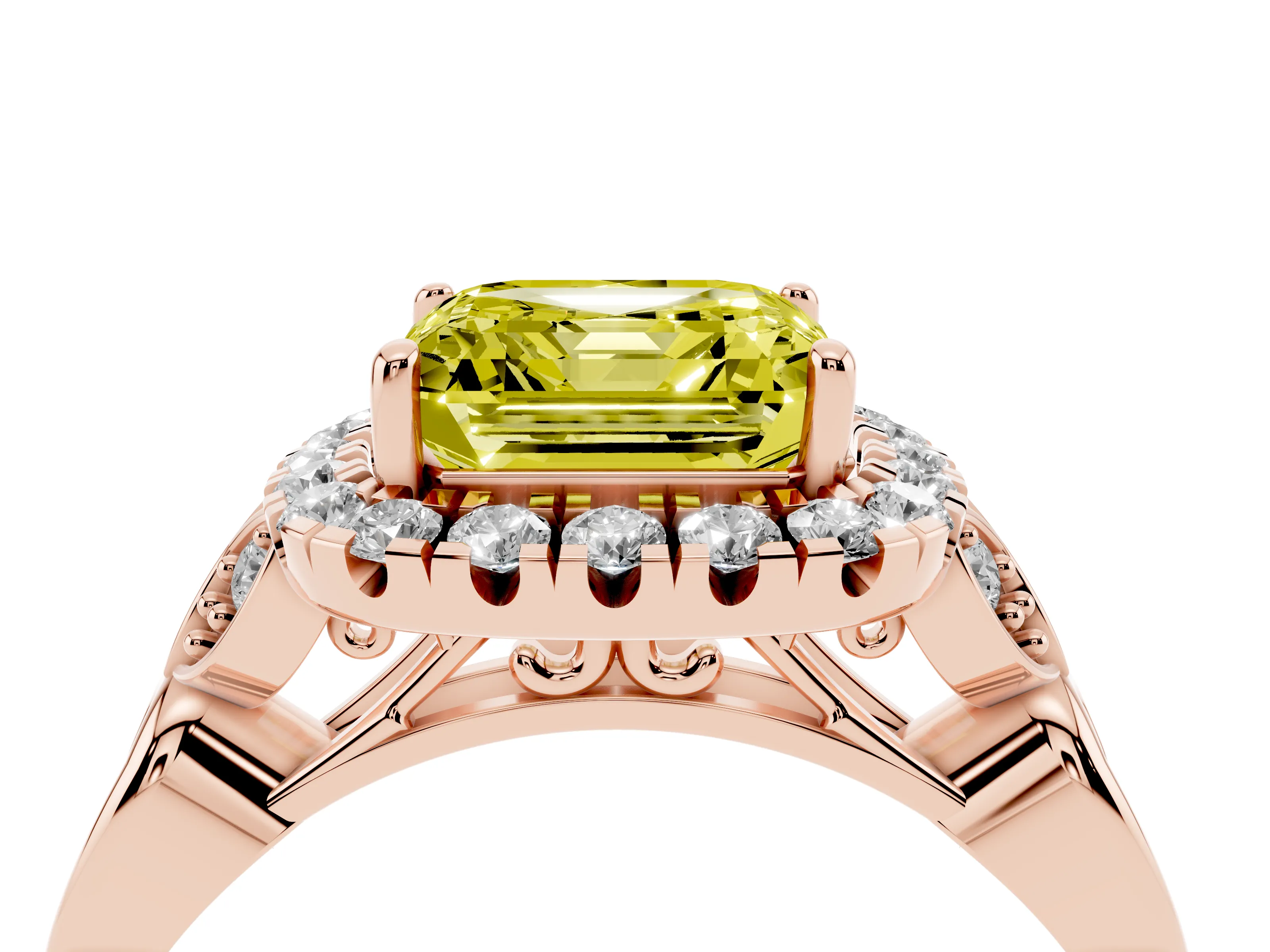 Fancy Yellow Asscher Cut Diamond Halo Engagement Ring Set in Rose gold with Vintage-Inspired Band and Prong Setting