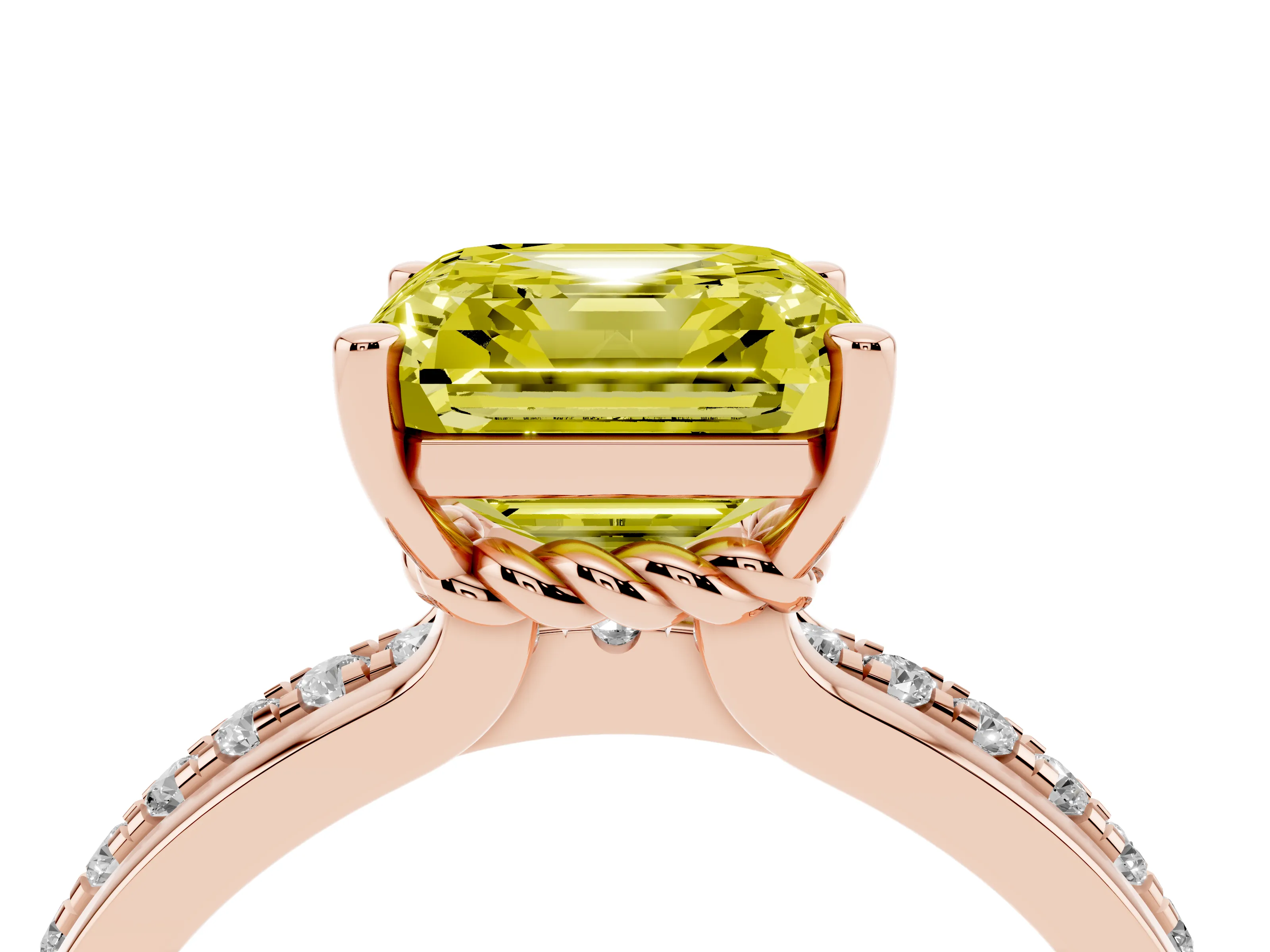 Fancy Yellow Asscher Cut Diamond Solitaire Ring Set in Rose gold with Channel Set Band and Prong Setting