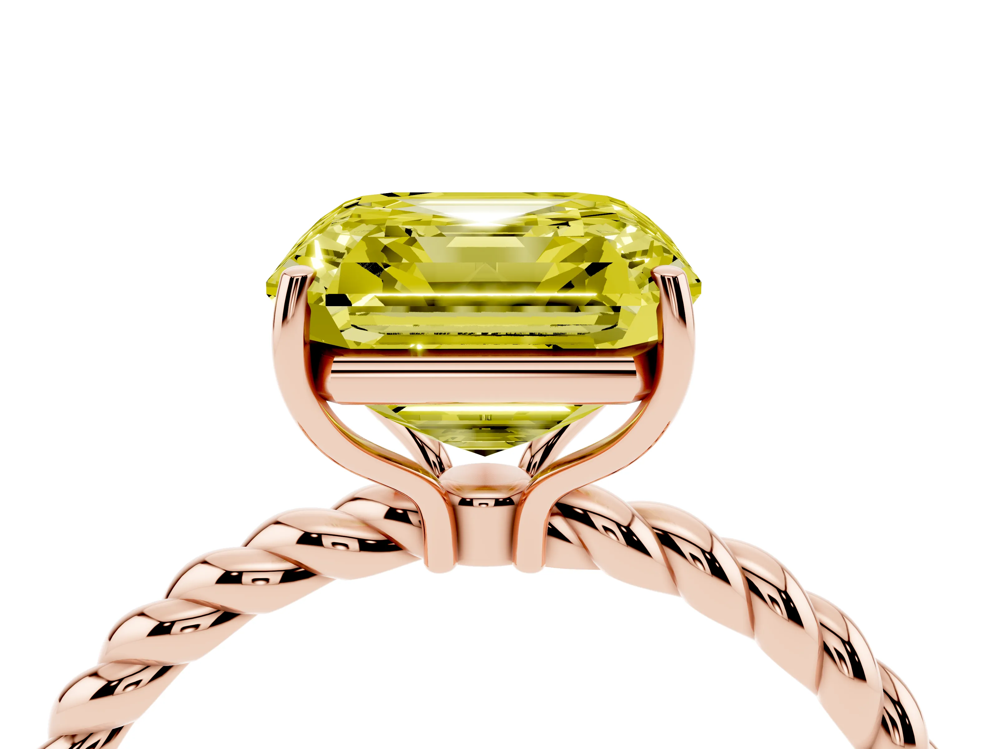 Fancy Yellow Asscher Cut Diamond Solitaire Ring Set in Rose gold with Twist Band and Prong Setting