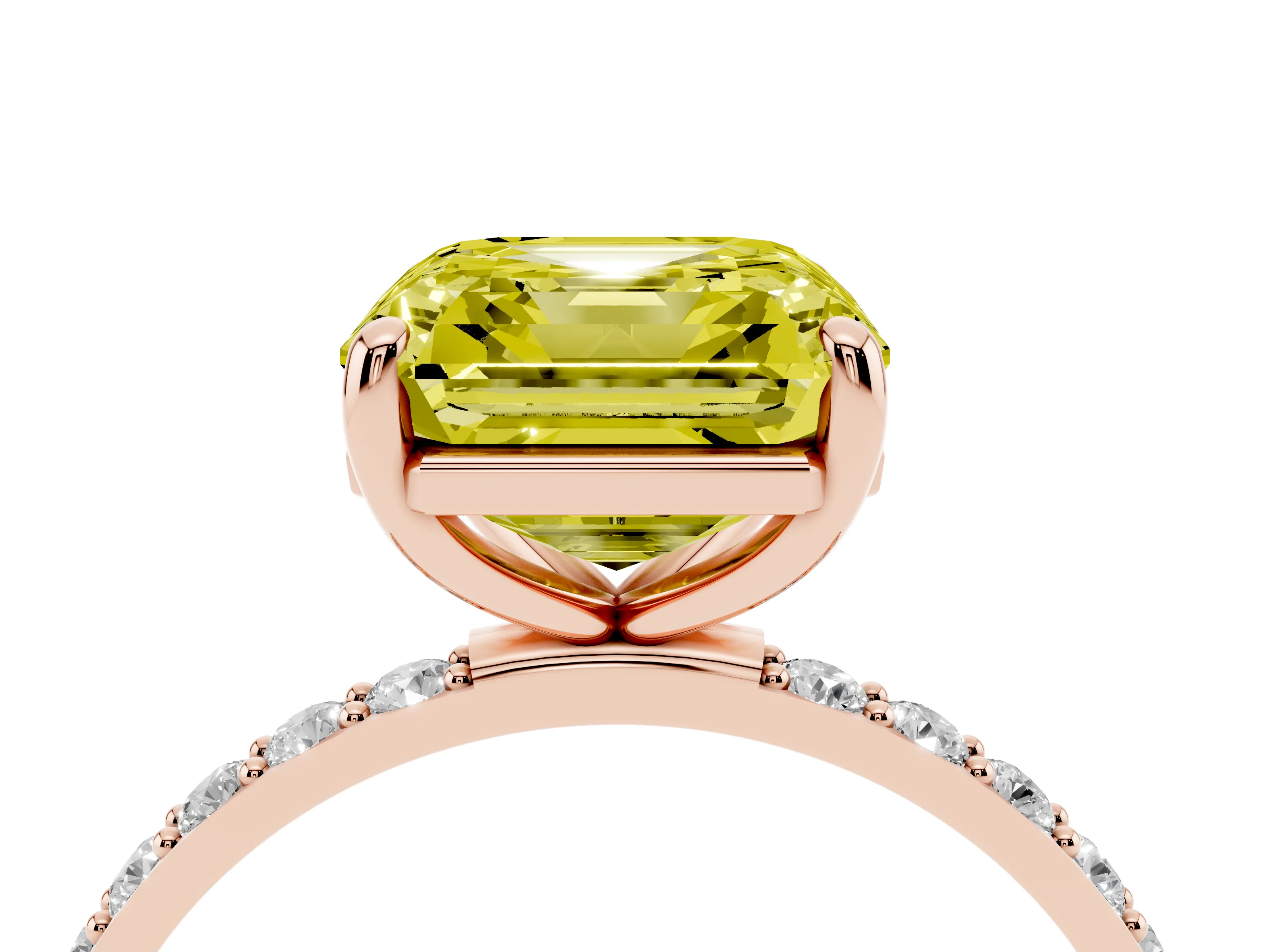 Fancy Yellow Asscher Cut Diamond Solitaire Ring Set in Rose gold with Round Pavé Band and Prong Setting