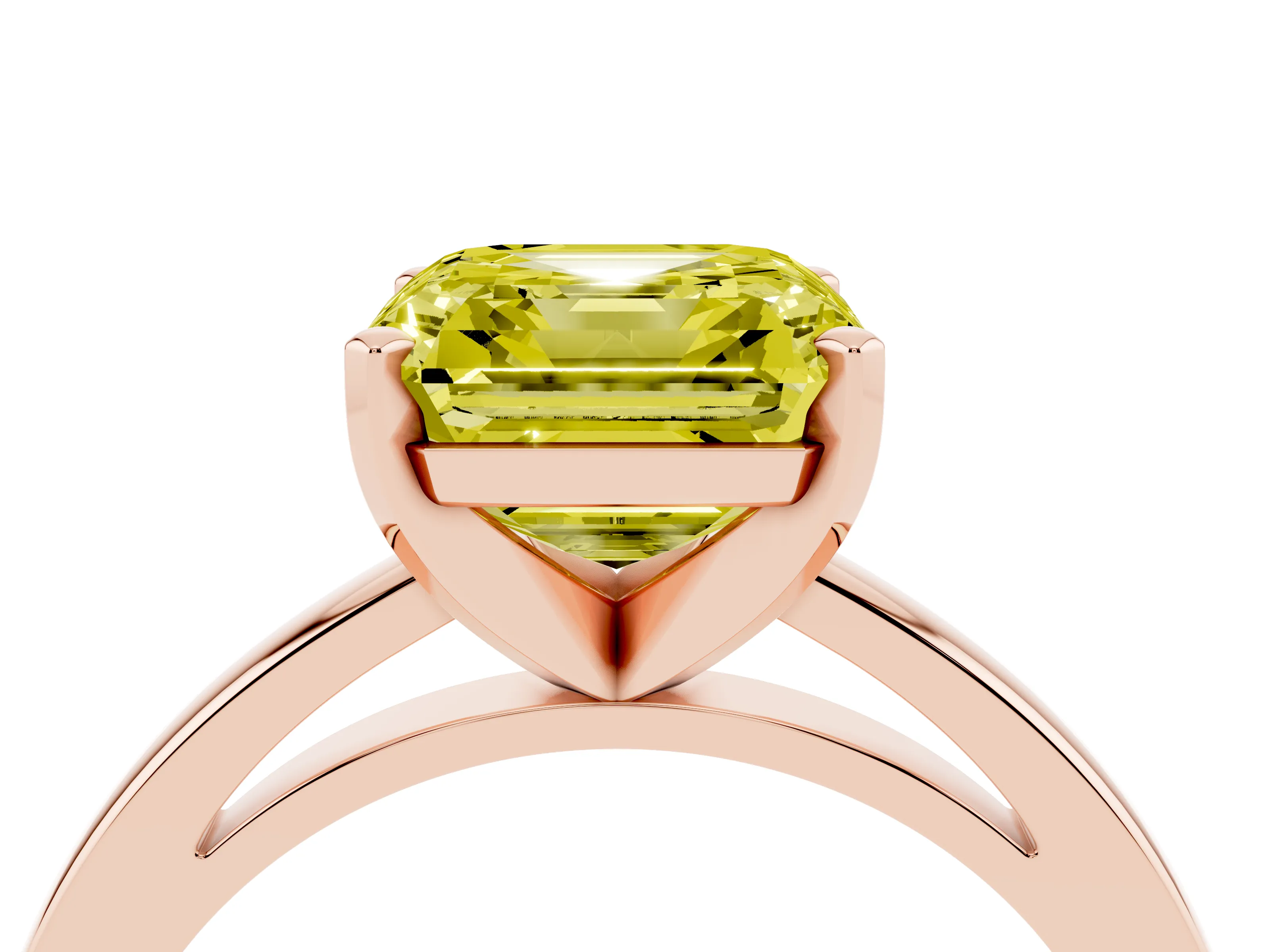 Fancy Yellow Asscher Cut Diamond Solitaire Engagement Ring Set in Rose gold with Prong Setting on a Classic Band
