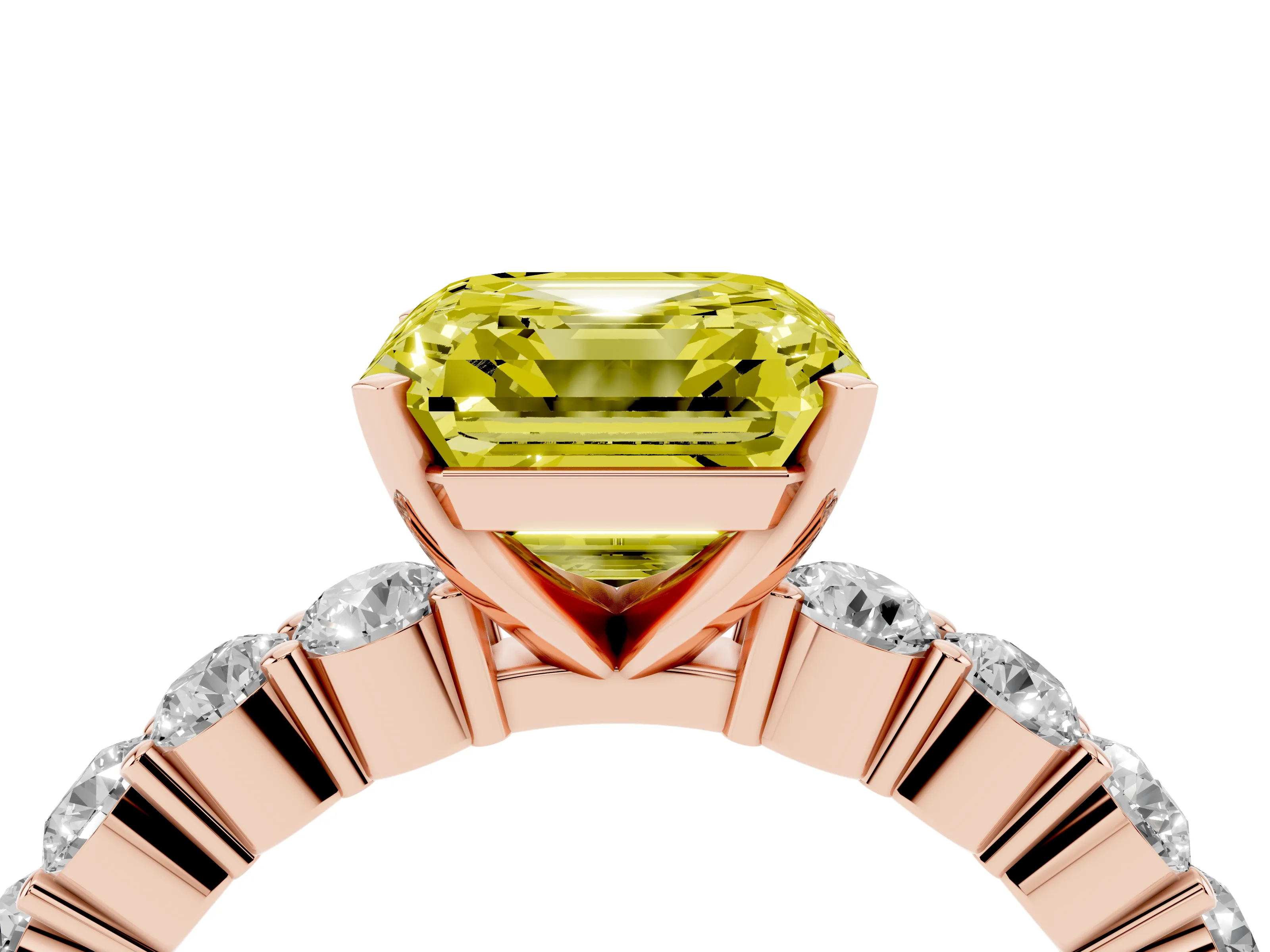 Fancy Yellow Asscher Cut Diamond Solitaire Ring Set in Rose gold with Shared Prong Round Side Stones