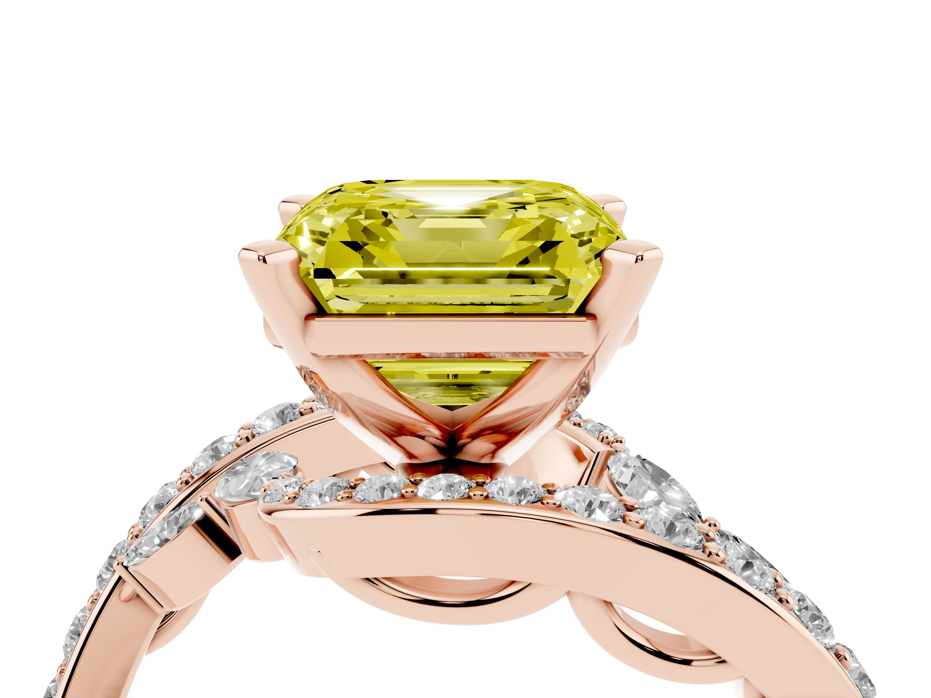 Fancy Yellow Asscher Cut Diamond Solitaire Ring Set in Rose gold with Pavé Twist Band and Secure Prong Setting