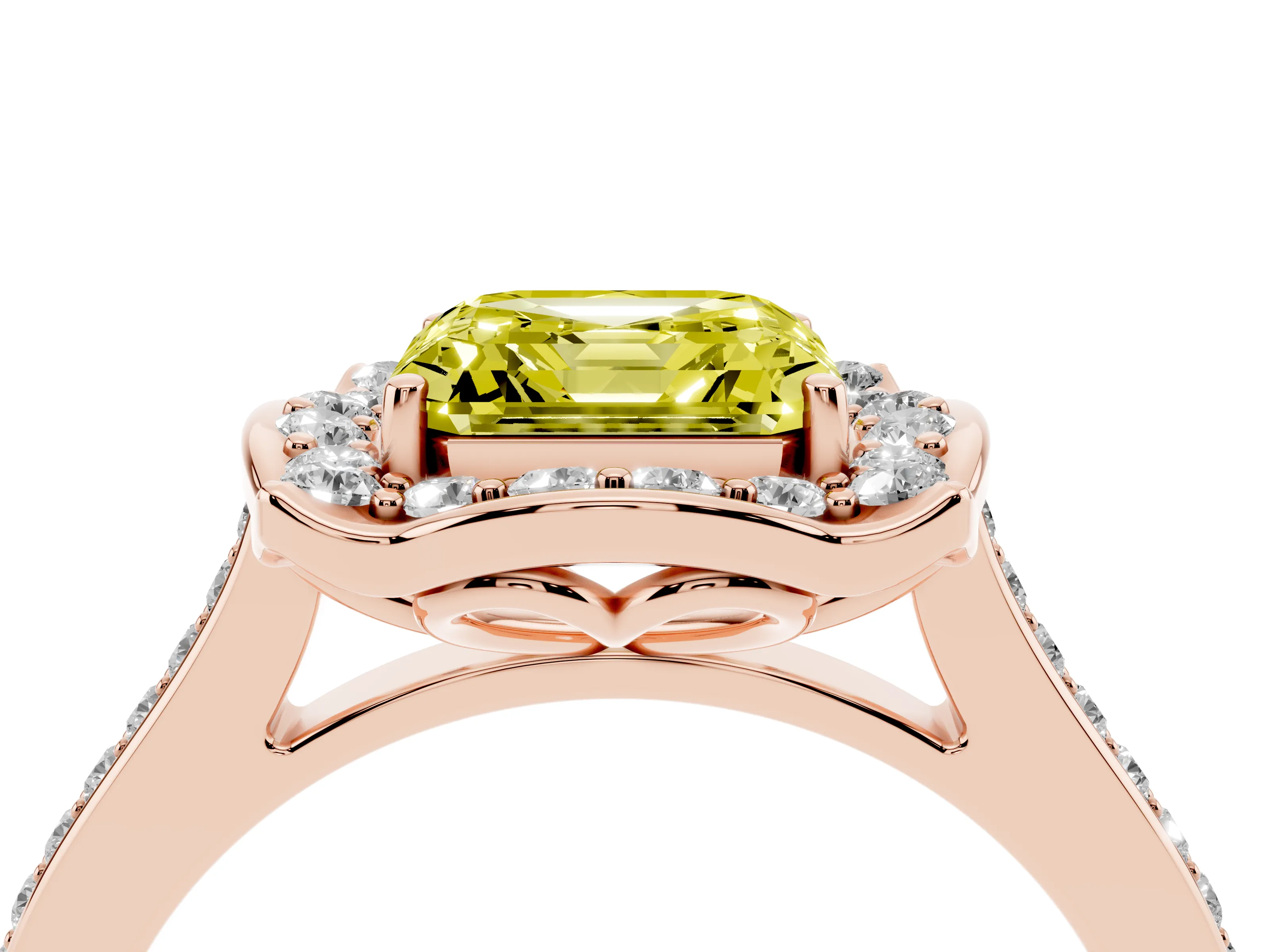 Fancy Yellow Asscher Cut Diamond Halo Ring Set in Rose gold with Pavé-Lined Shoulders and Prong Setting