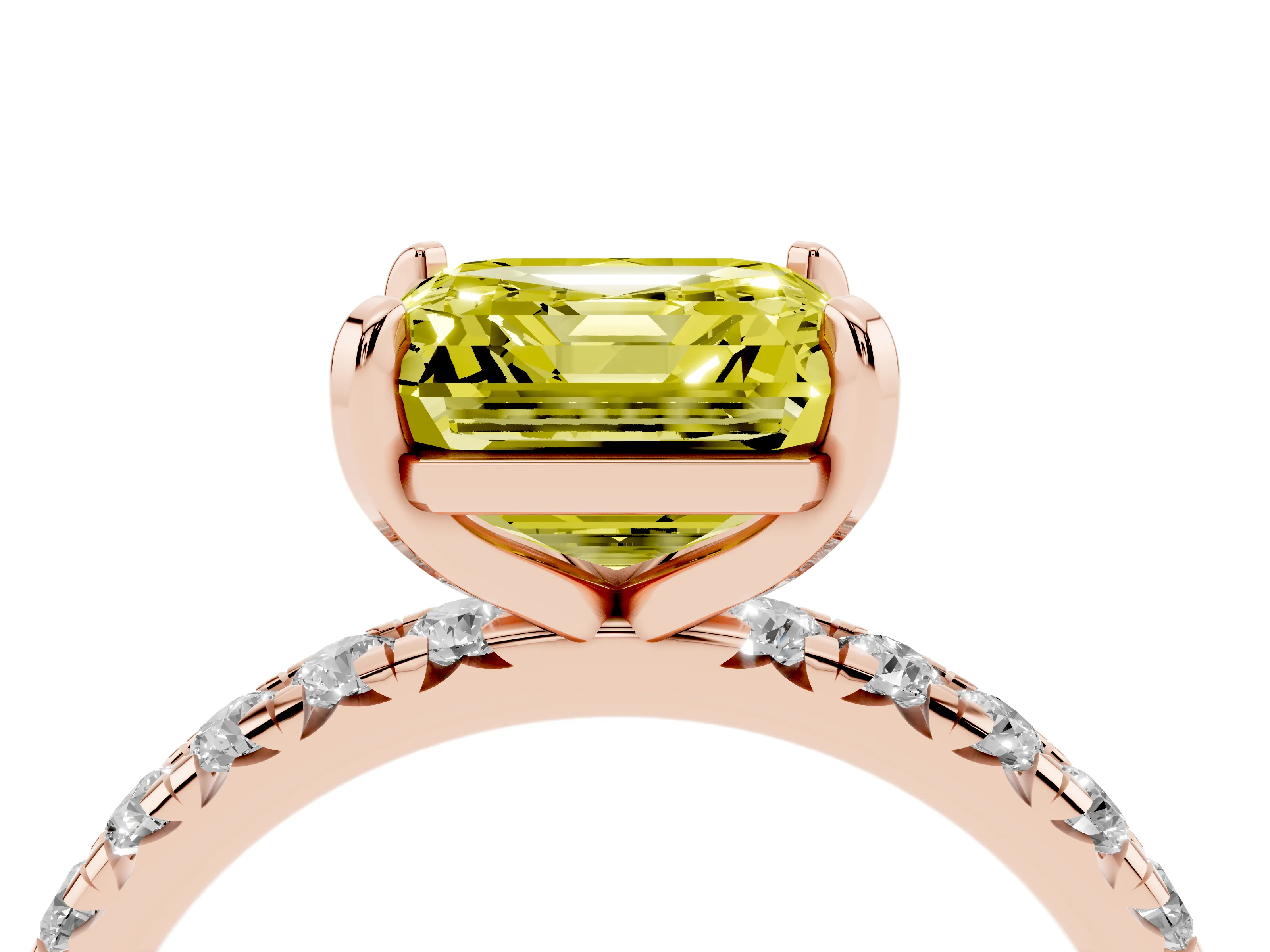 Fancy Yellow Asscher Cut Diamond Pavé Solitaire Ring Set in Rose gold with Round Band and Prong Setting