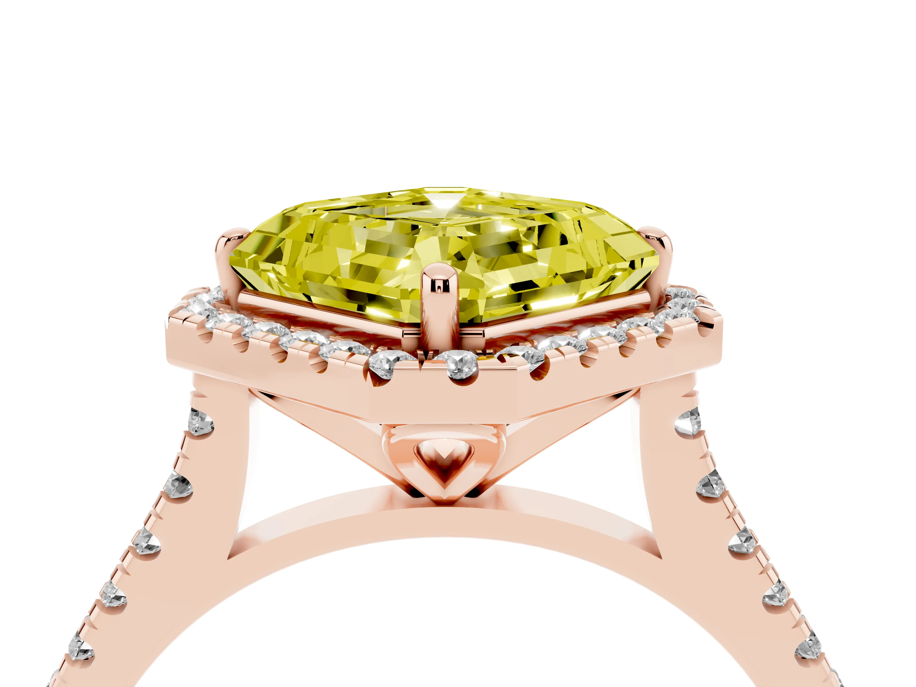 Fancy Yellow Asscher Cut Diamond Cushion Halo Ring Set in Rose gold with Pavé Band