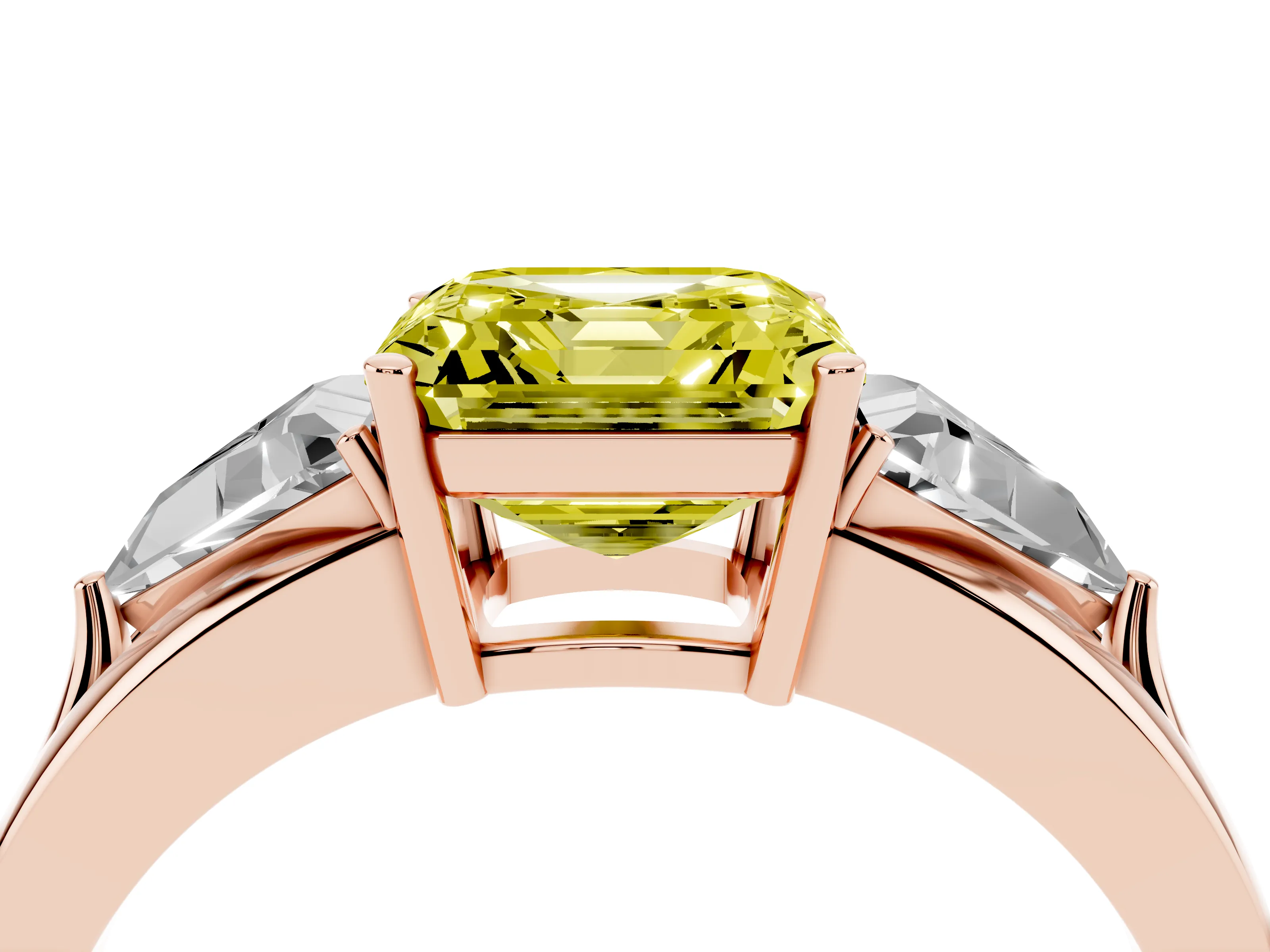 Fancy Yellow Asscher Cut Diamond Three-Stone Ring Set in Rose gold with Trillion Side Stones and Split Shank